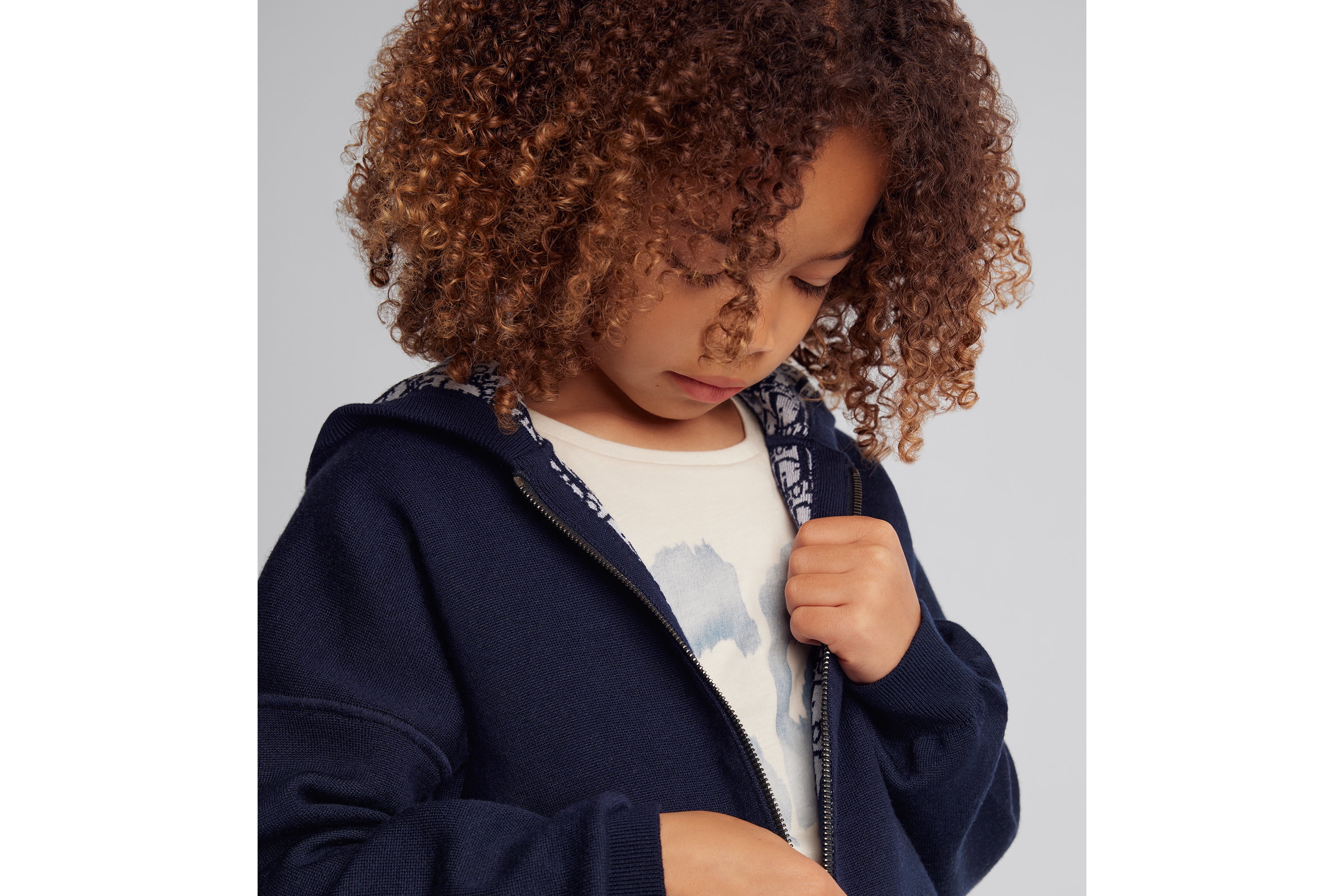 Look Kids' Reversible Zipped Cardigan with Hood Navy Blue Wool Knit with Ivory and Blue Dior Oblique Jacquard E09