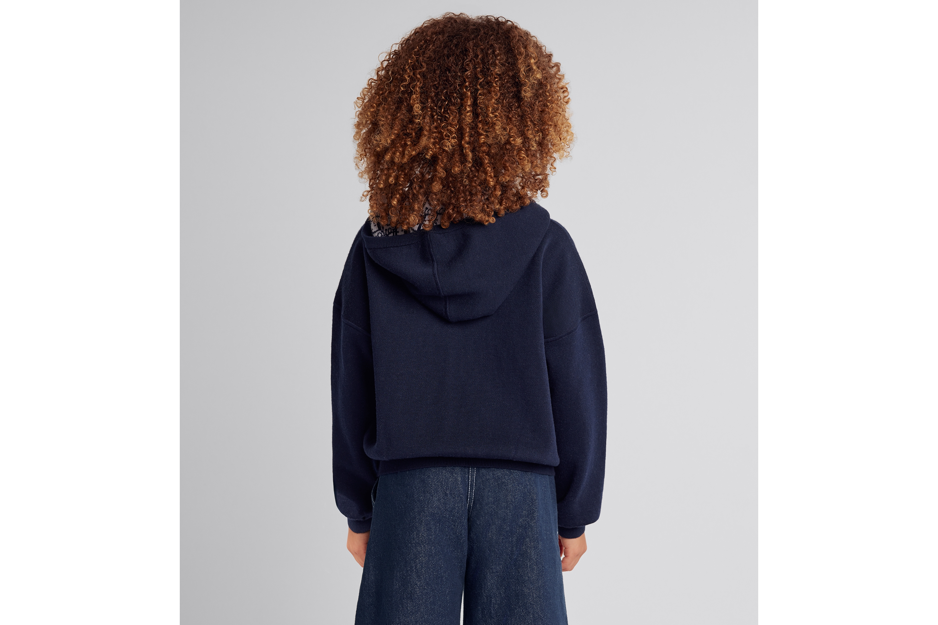 Look Kids' Reversible Zipped Cardigan with Hood Navy Blue Wool Knit with Ivory and Blue Dior Oblique Jacquard E10
