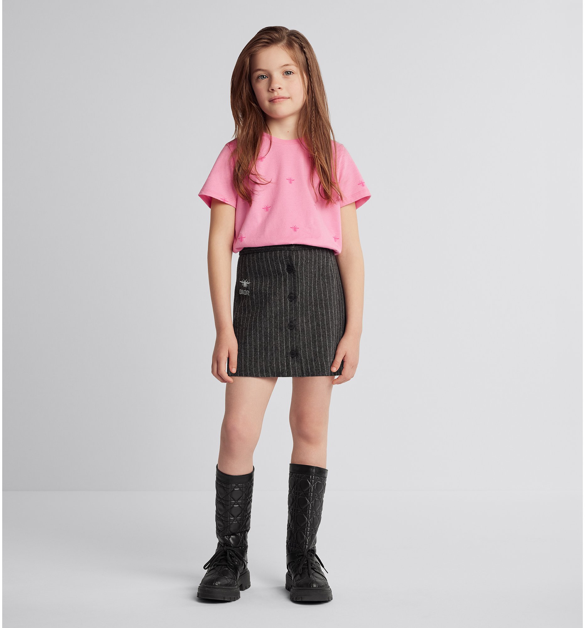 Kids Short Skirt Anthracite Gray Wool Flannel with Heathered Gray Stripes DIOR