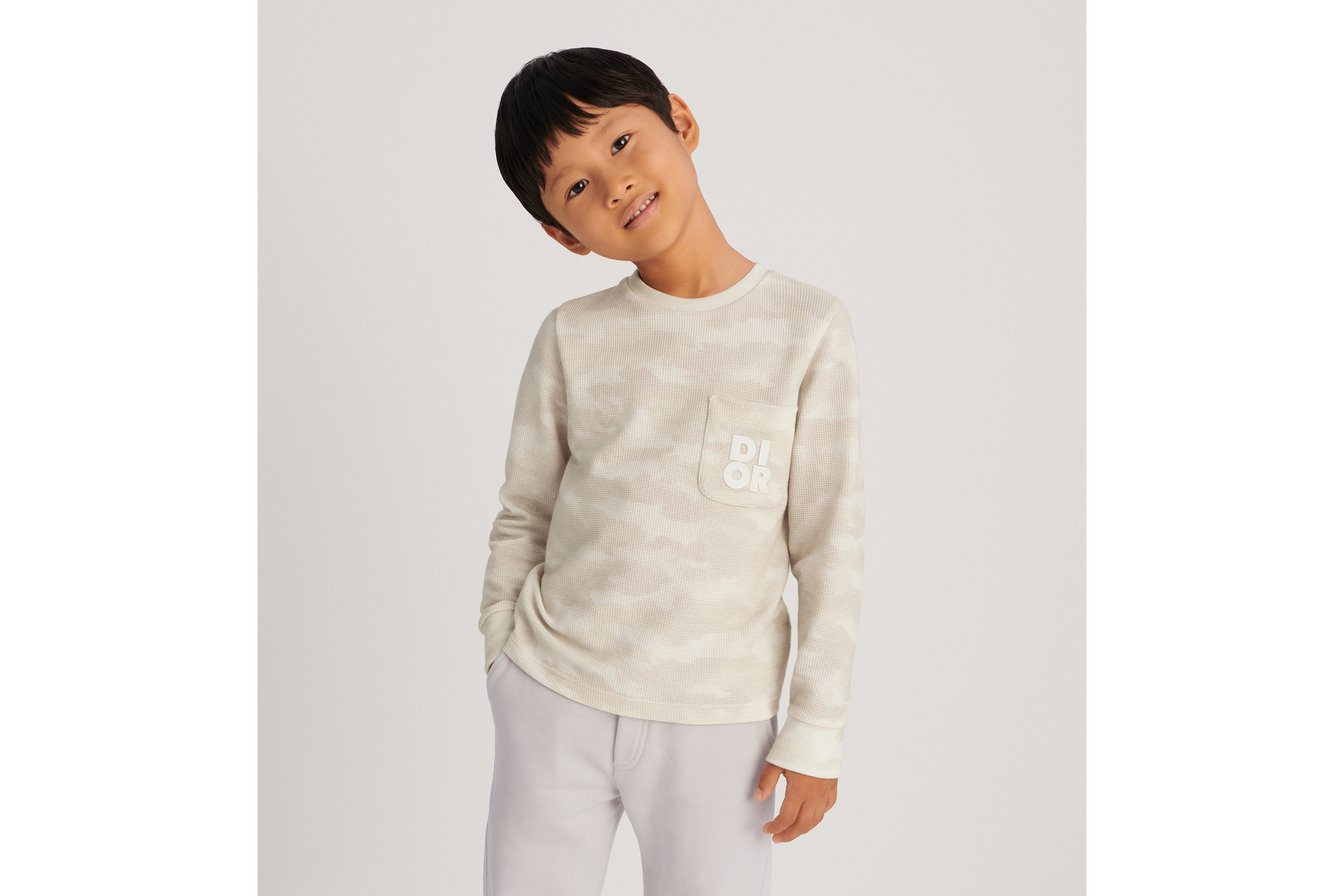Kids' Long-Sleeved T-Shirt Beige Waffle Weave Cotton Blend with ...