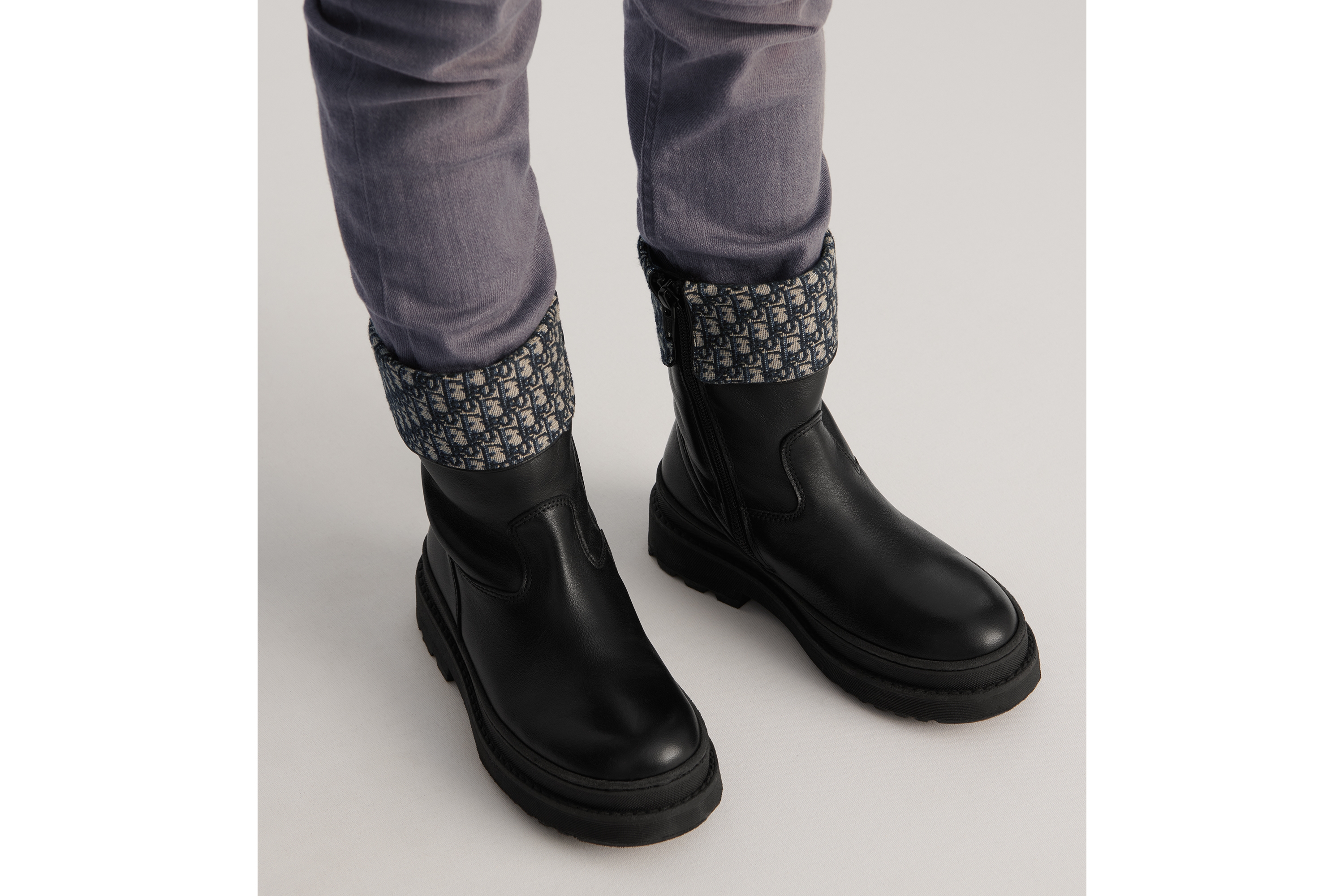 Look Kids' Boot Black Calfskin with Beige and Blue Dior Oblique Jacquard E23