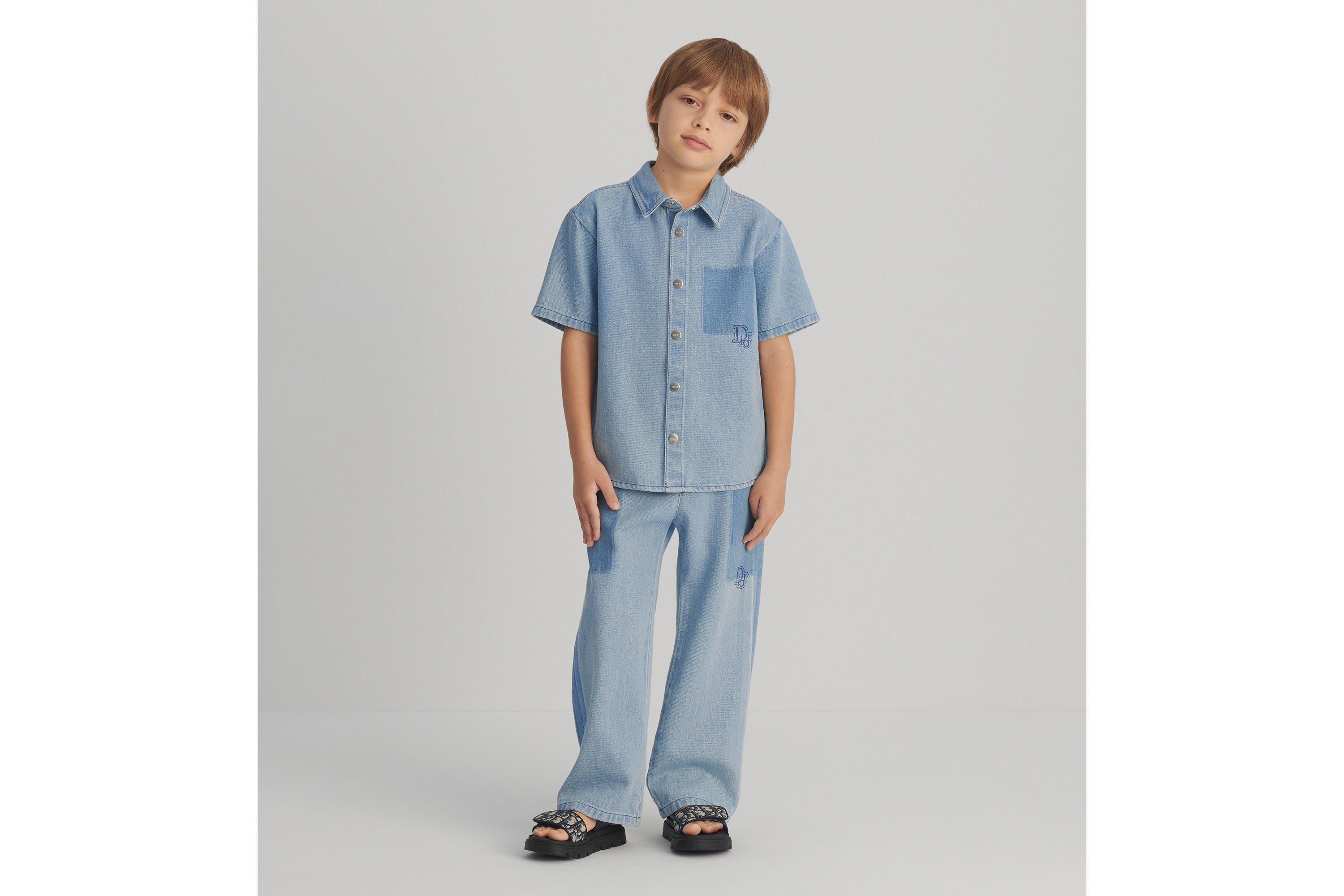 Kids' Short-Sleeved Shirt Stonewashed Blue Cotton Denim | DIOR