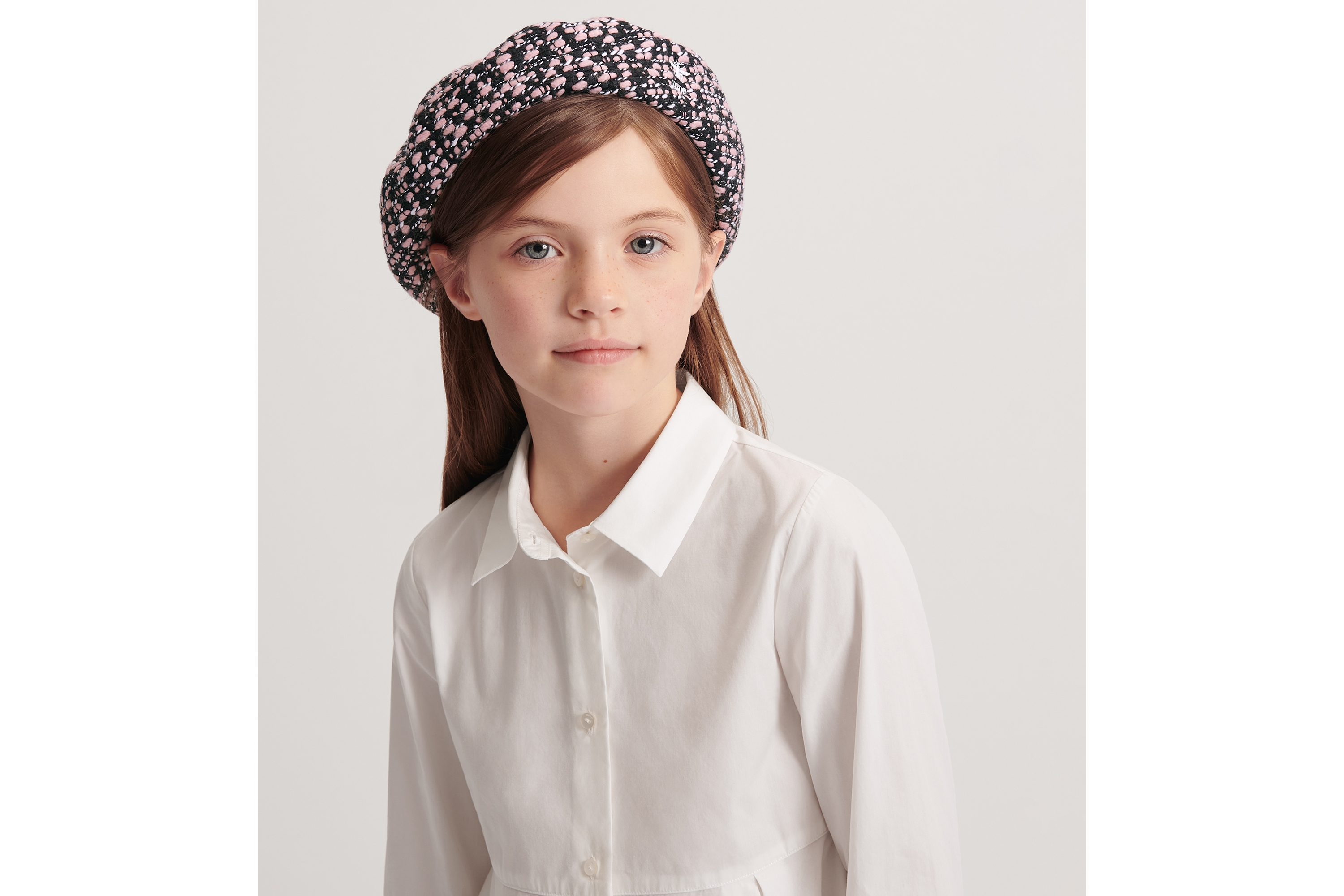 Baskenmütze für Kinder Tweed in Schwarz, Rosa und Silberfarbe | DIOR