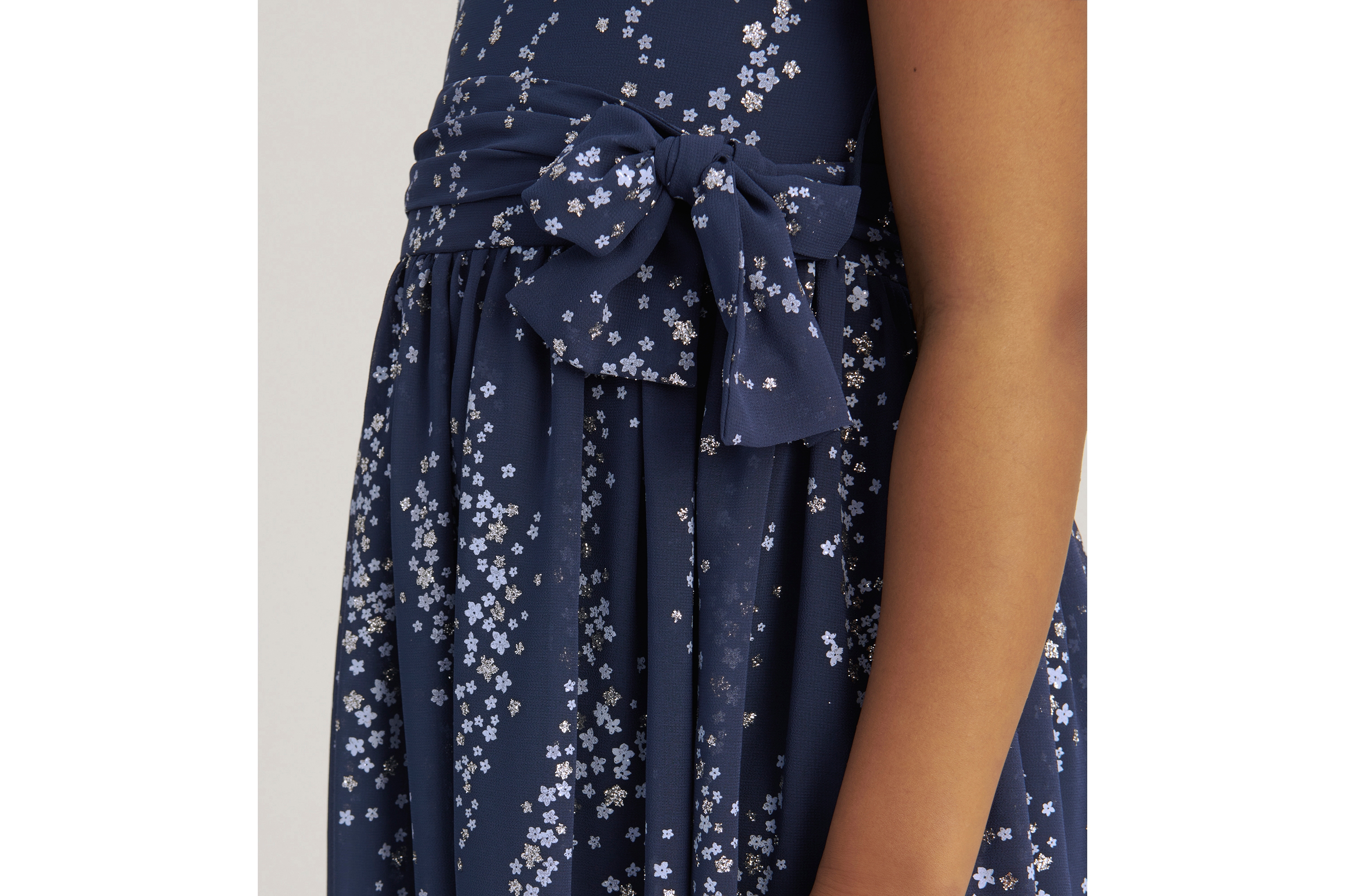 Look Kids' Flared Dress Indigo Blue Chiffon with Light Blue and Silver-Tone Floral Motif E03
