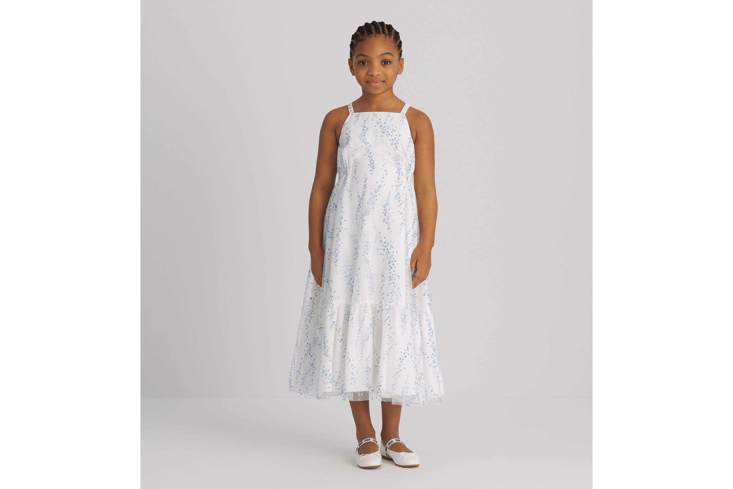 Look Kids' Flared Dress Ivory Tulle with Light Blue and Silver-Tone Seasonal Floral Motif E01