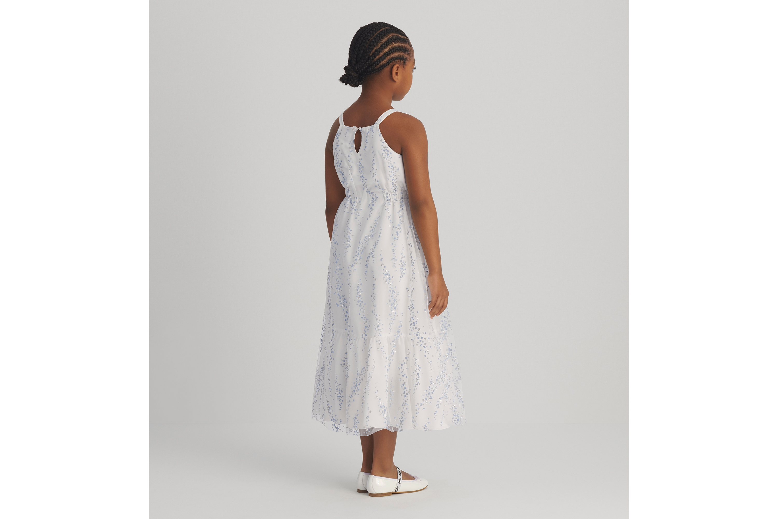 Look Kids' Flared Dress Ivory Tulle with Light Blue and Silver-Tone Seasonal Floral Motif E04
