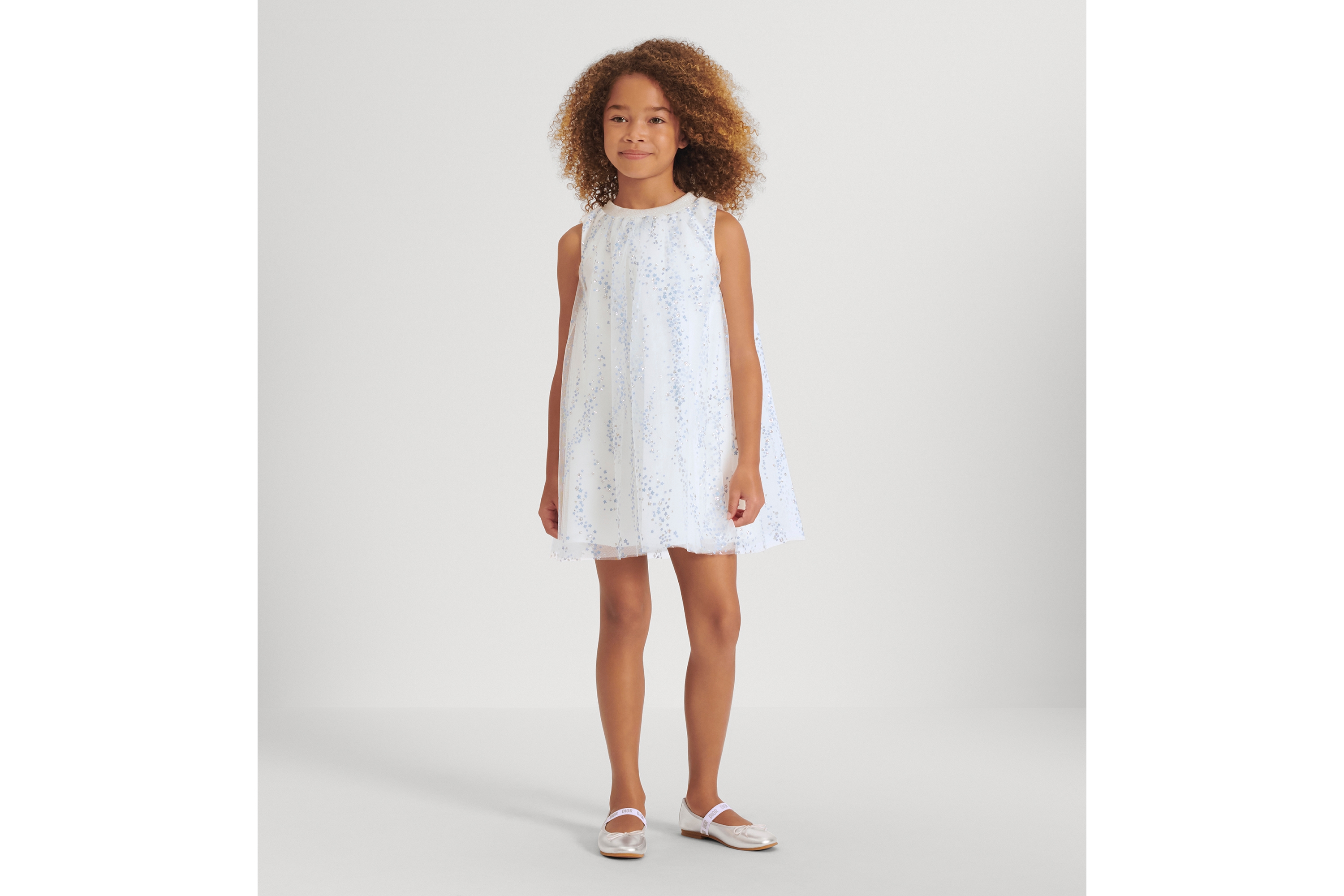 Look Kids' Flared Dress Ivory Tulle with Light Blue and Silver-Tone Seasonal Floral Motif E01