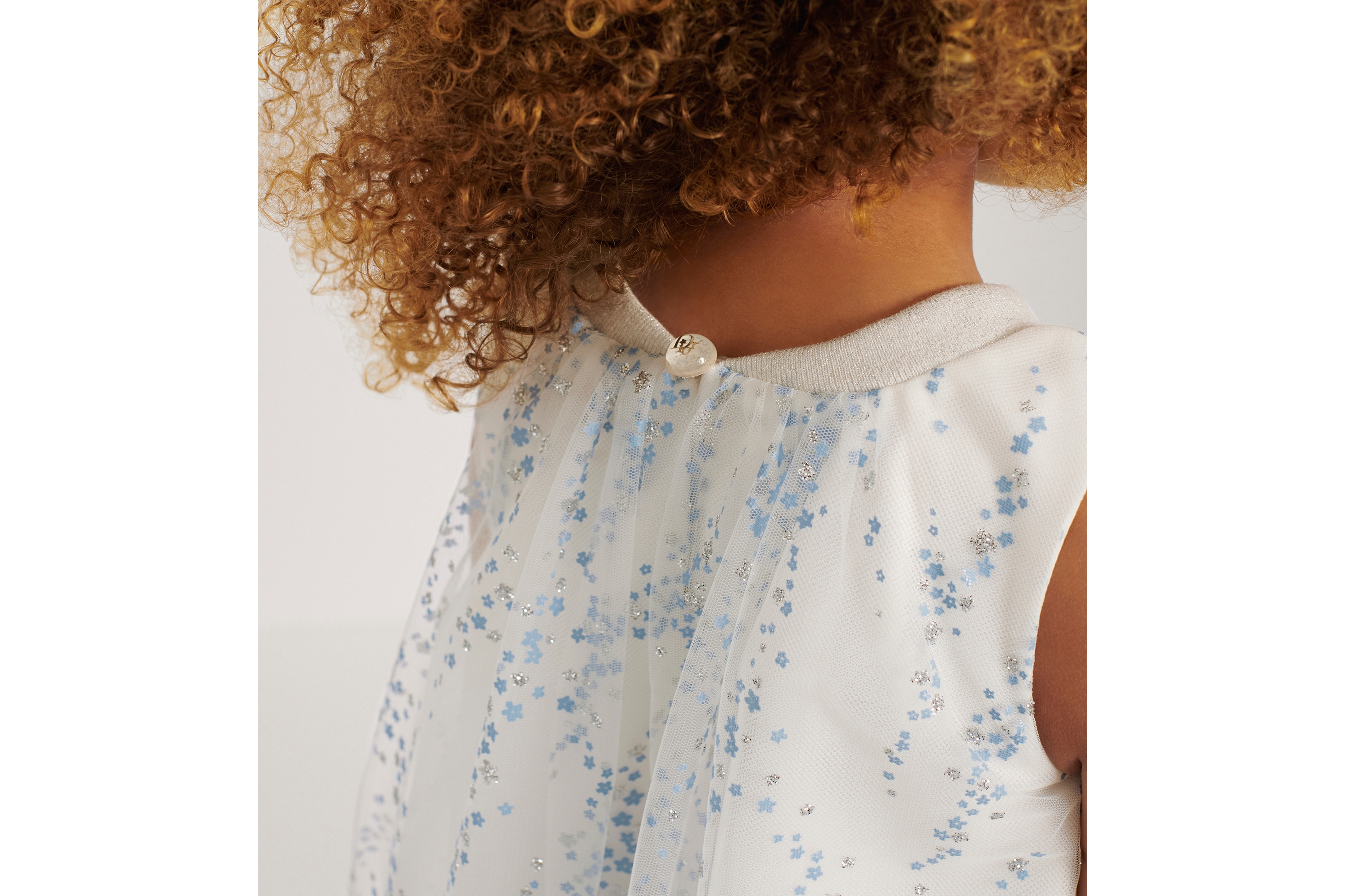 Look Kids' Flared Dress Ivory Tulle with Light Blue and Silver-Tone Seasonal Floral Motif E02