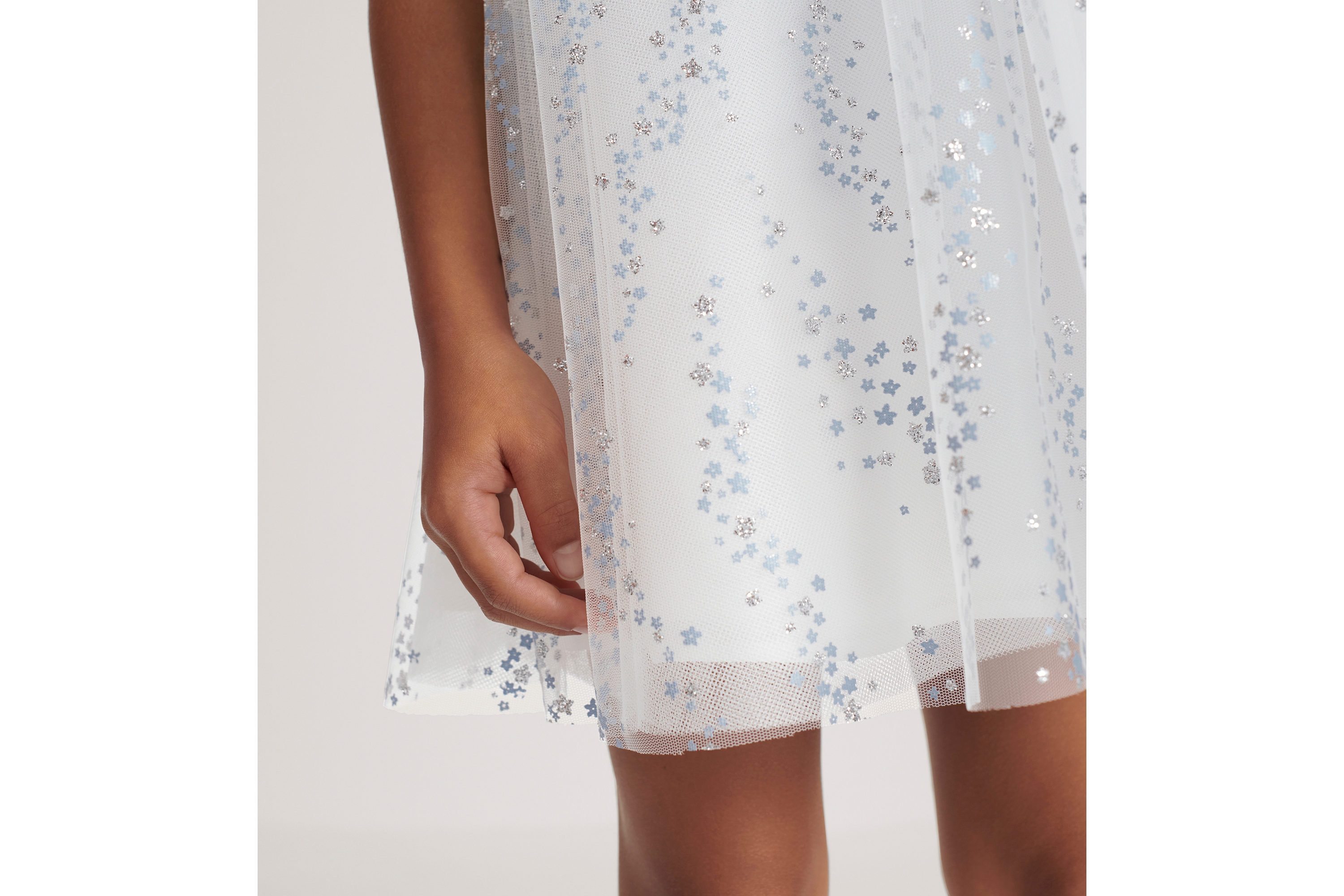 Look Kids' Flared Dress Ivory Tulle with Light Blue and Silver-Tone Seasonal Floral Motif E03