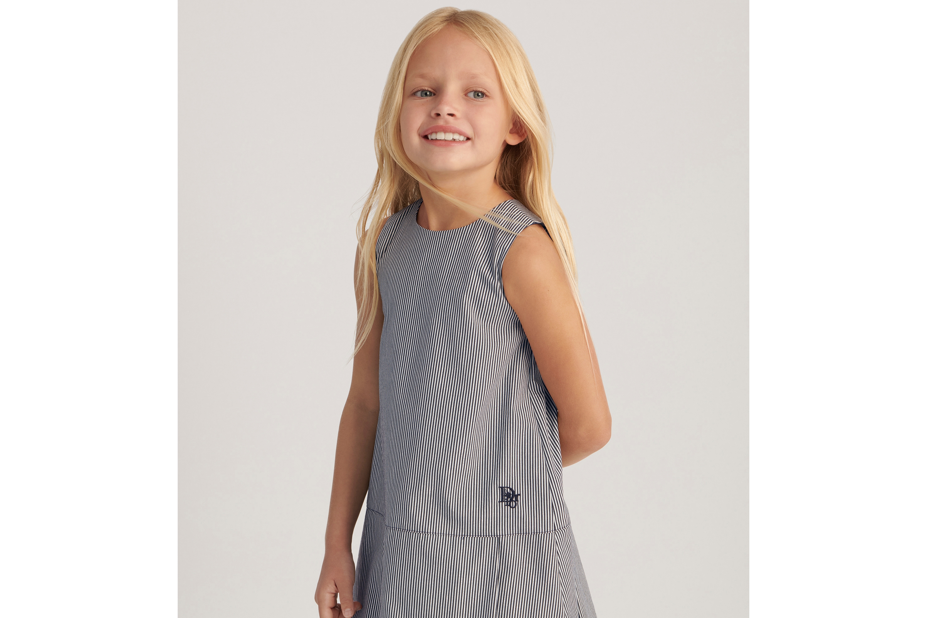 Look Kids' Flared Dress Navy Blue and Silver-Tone Striped Cotton E06