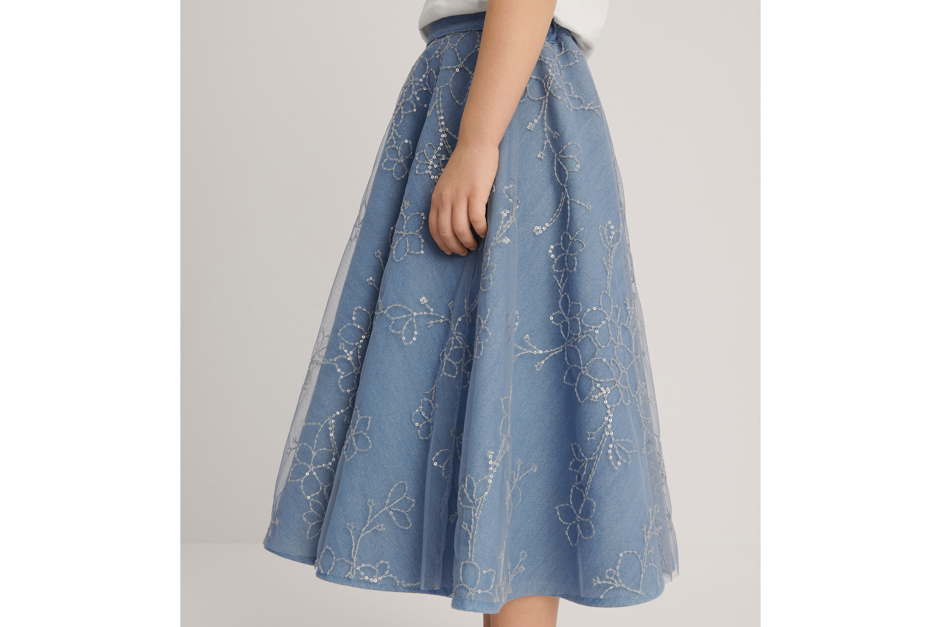 キッズ ロングスカート コットンデニム & エンブロイダリー チュール E04