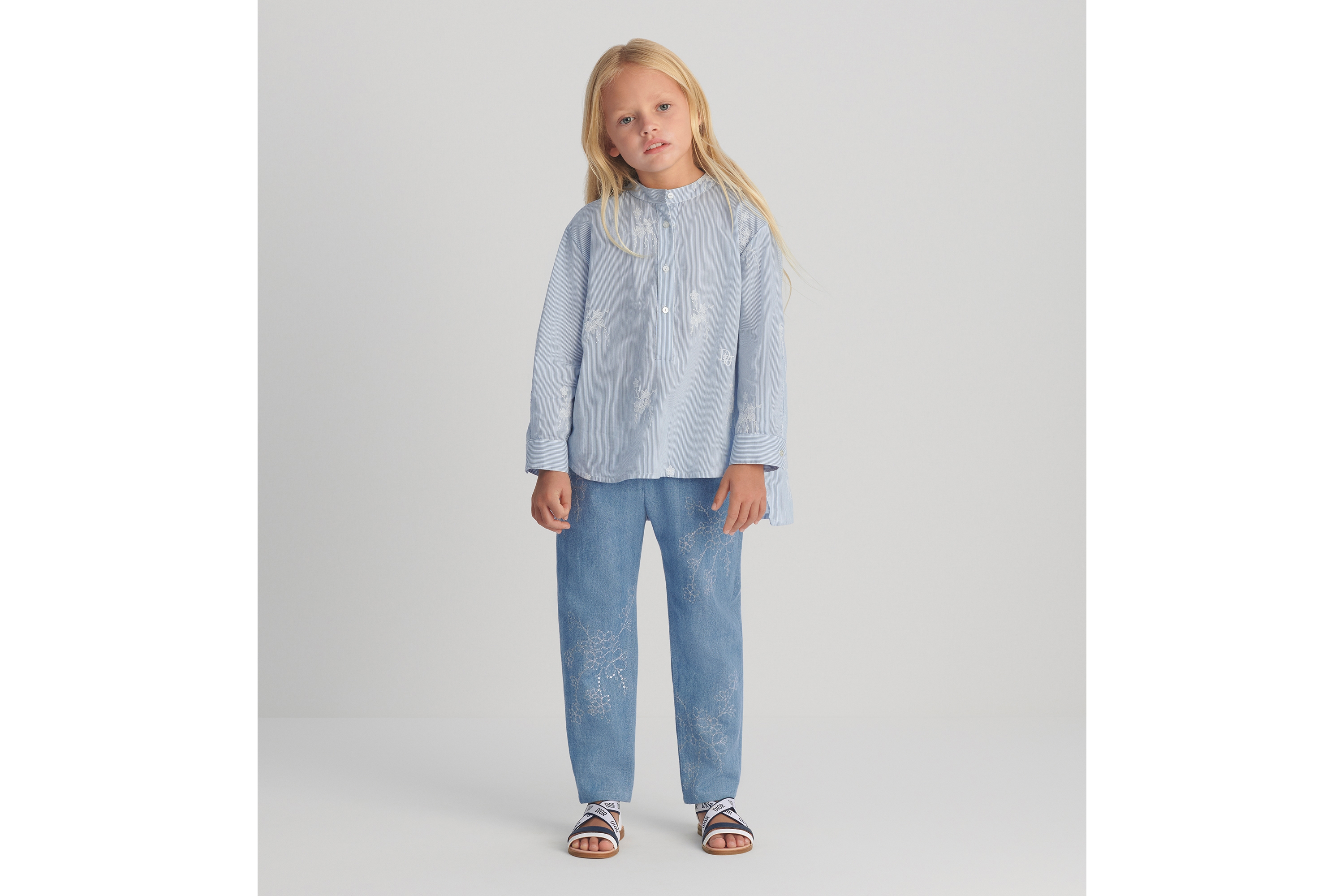 Look Kids' Shirt Navy Blue Striped Cotton and Silk Poplin with Ivory Embroidered Seasonal Floral Motif E01