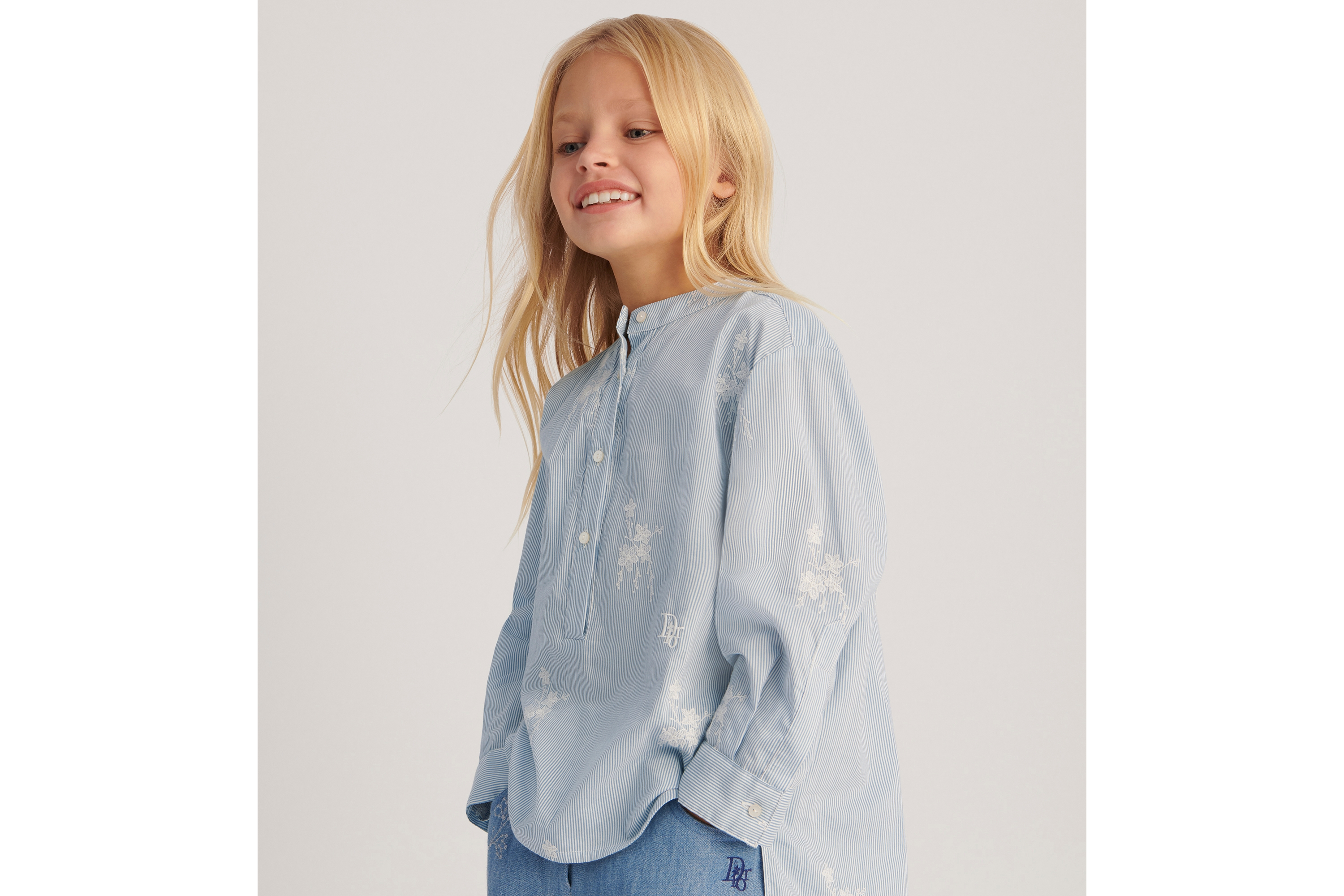 Look Kids' Shirt Navy Blue Striped Cotton and Silk Poplin with Ivory Embroidered Seasonal Floral Motif E02