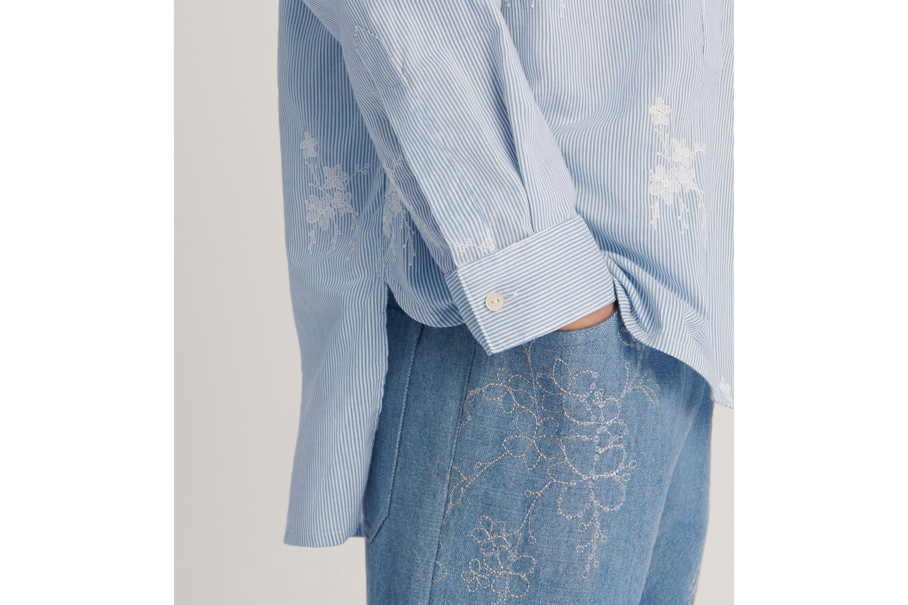 Look Kids' Shirt Navy Blue Striped Cotton and Silk Poplin with Ivory Embroidered Seasonal Floral Motif E03