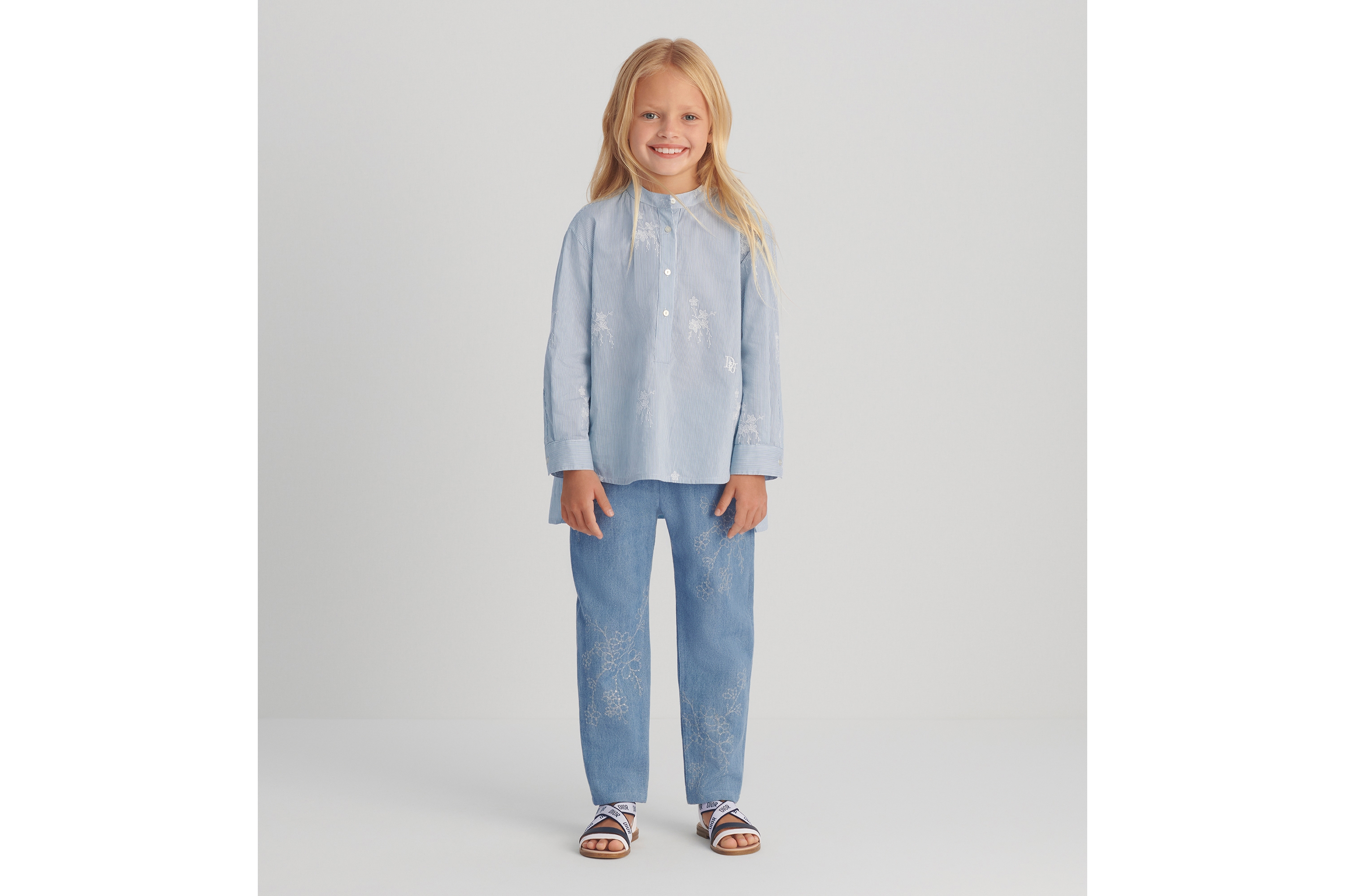 Kids' Shirt Navy Blue Striped Cotton and Silk Poplin with Ivory