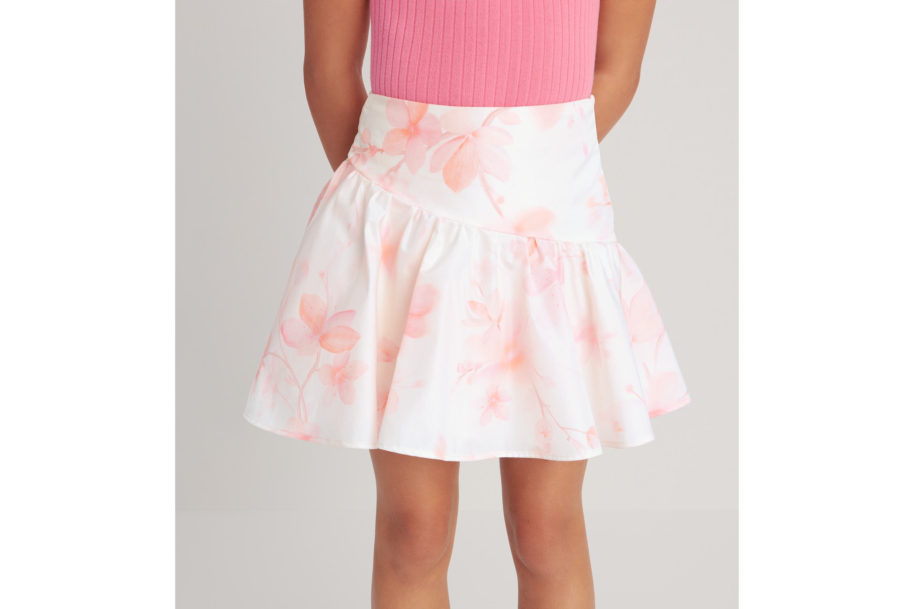 Look Kids' Short Skirt Ivory Technical Fabric with Pink Seasonal Floral Motif E05