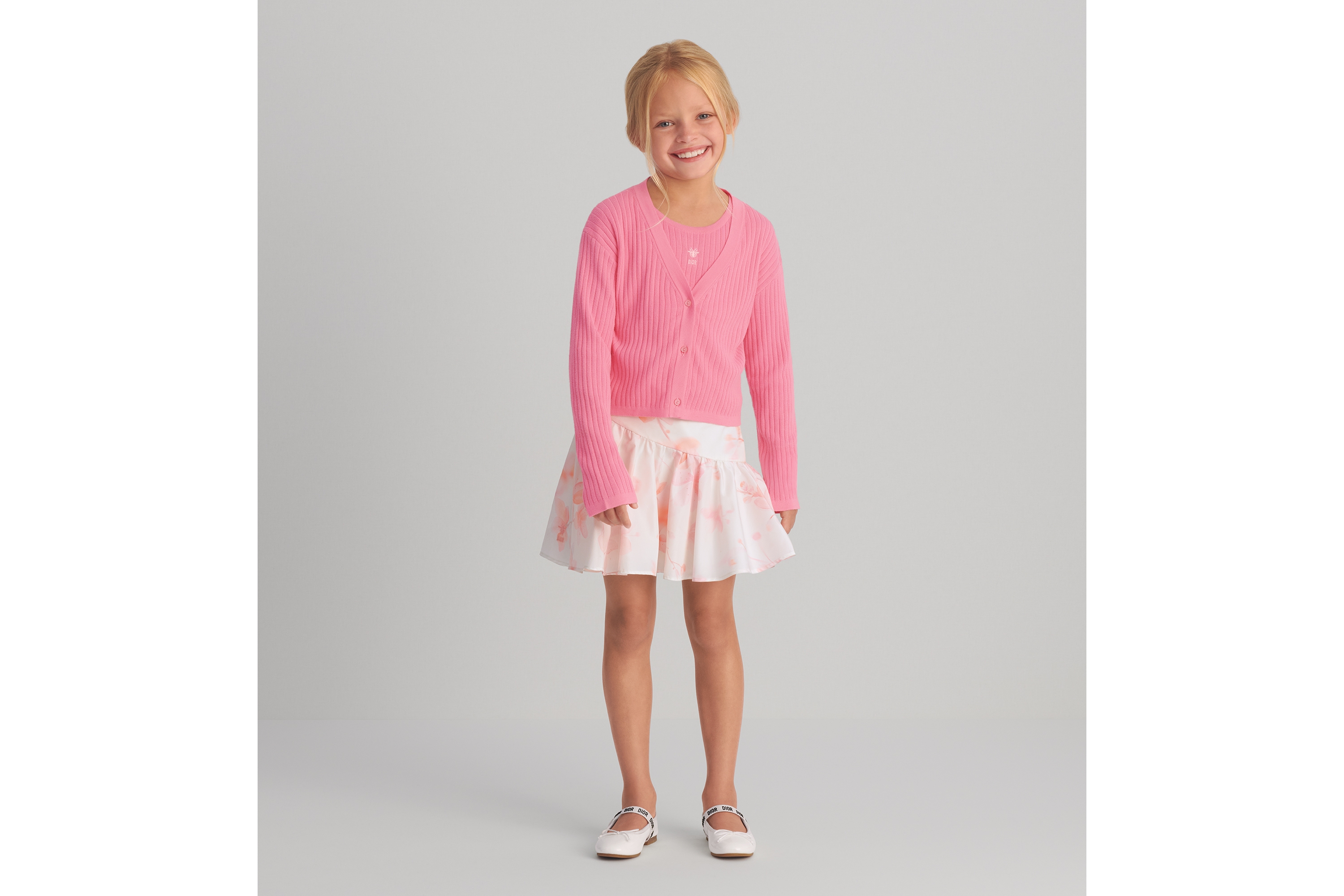 Kids' Short Skirt Ivory Technical Fabric with Pink Seasonal Floral