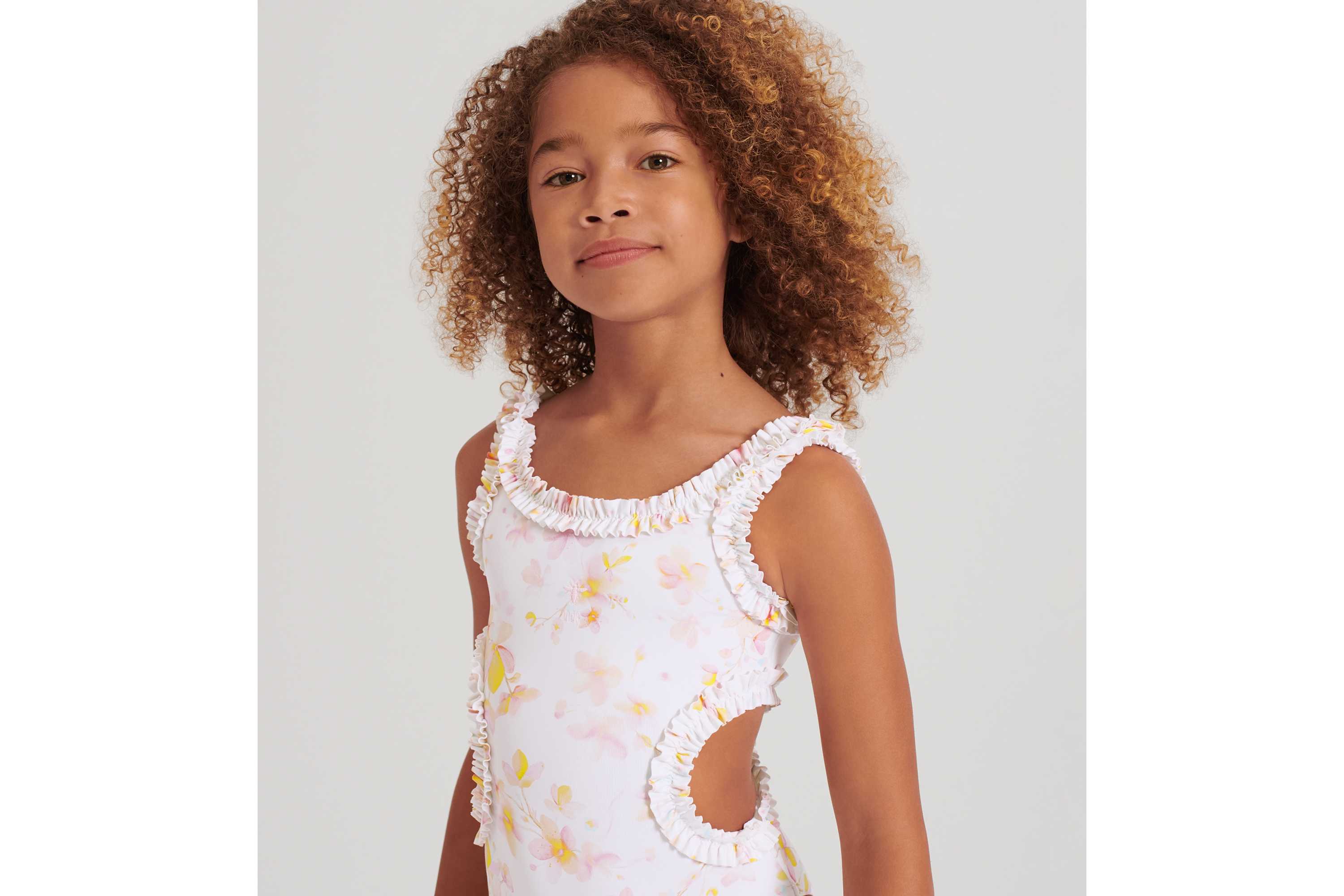 Look Kids' One-Piece Swimsuit Ivory Technical Fabric with Multicolor Seasonal Floral Motif E03
