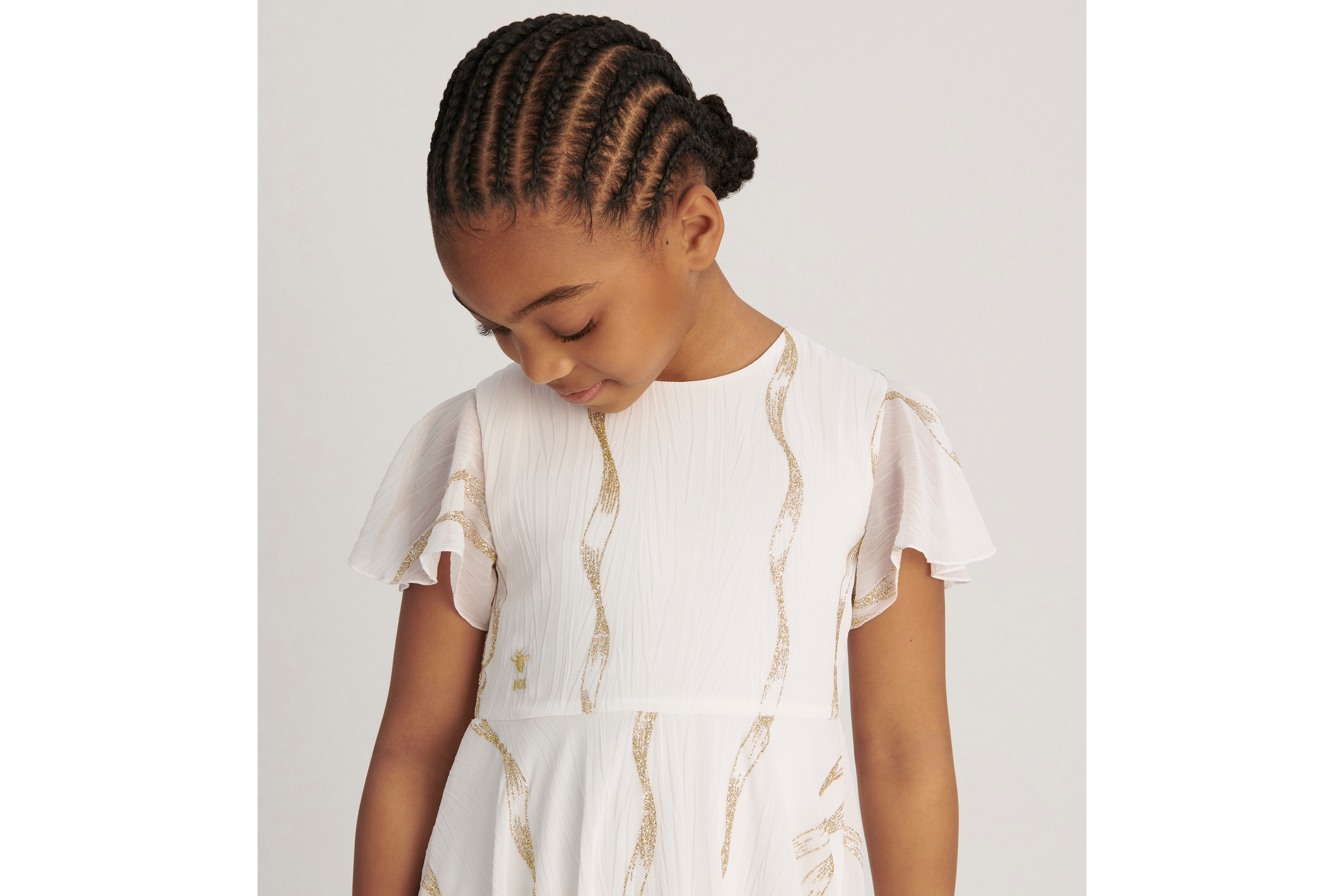 Kids' Flared Dress Ivory Chiffon with Gold-Tone Sparkly Motif E02