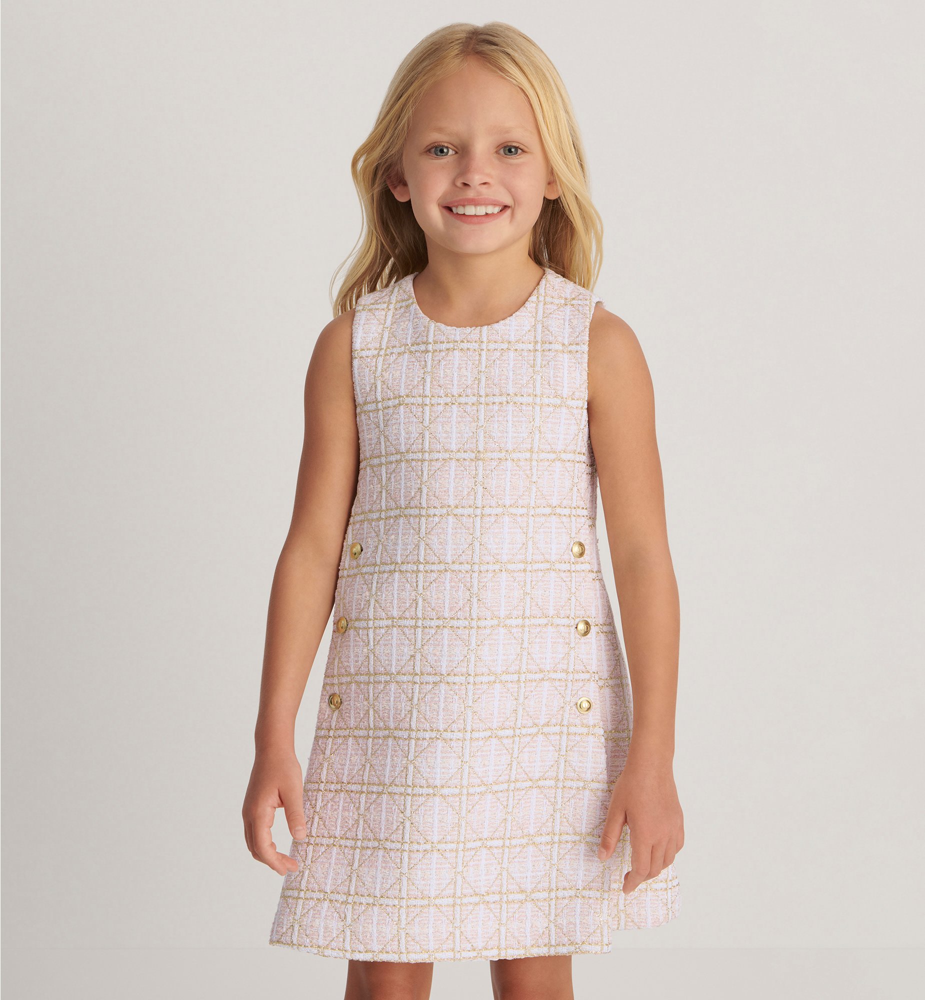 Kids' A-Line Dress Pale Pink Tweed with Gold-Tone Cannage Kids' A-Line Dress Pale Pink Tweed with Gold-Tone Cannage