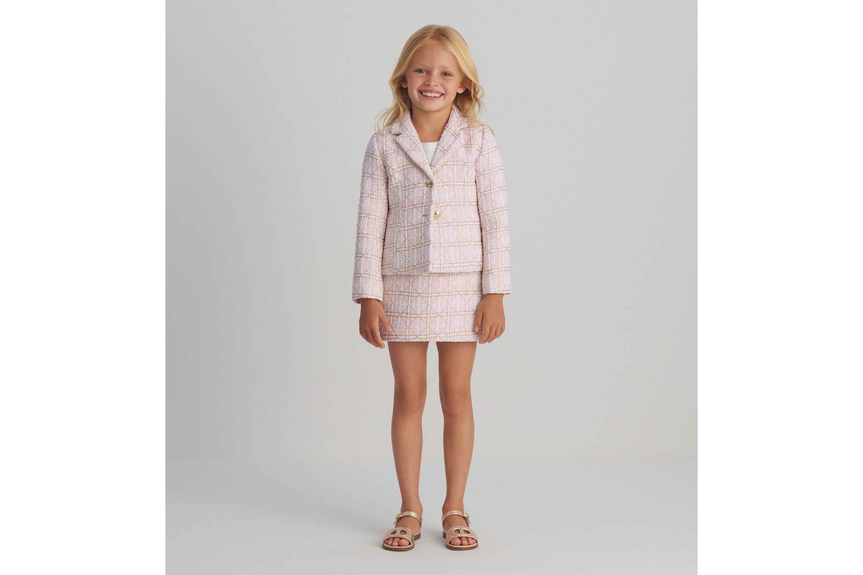 look_image_alt_prefix Bar Jacke für Kinder Tweed in Pastellrosa mit Cannage Jacquardmotiv in Goldfarbe E01