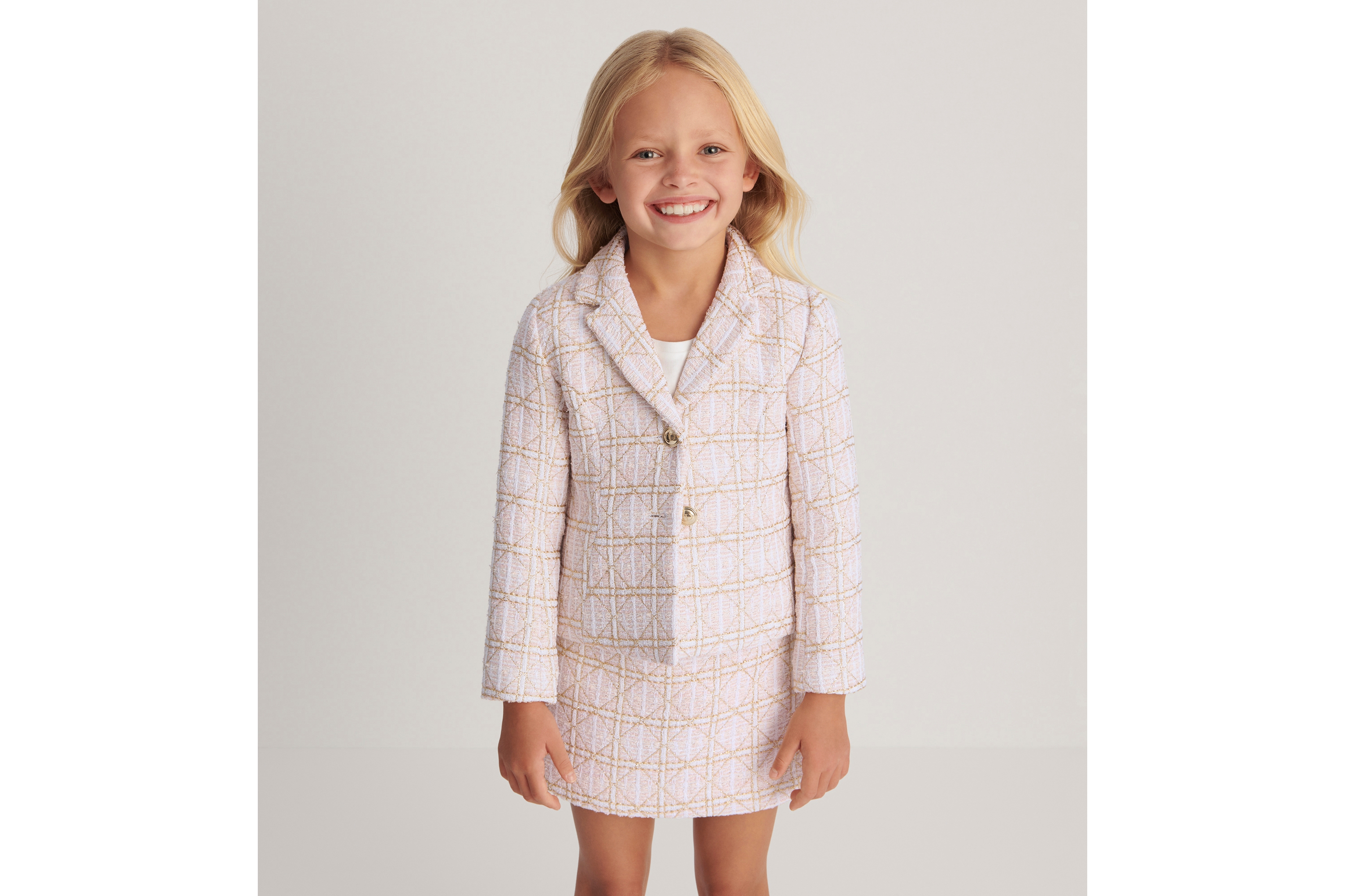 look_image_alt_prefix Bar Jacke für Kinder Tweed in Pastellrosa mit Cannage Jacquardmotiv in Goldfarbe E02