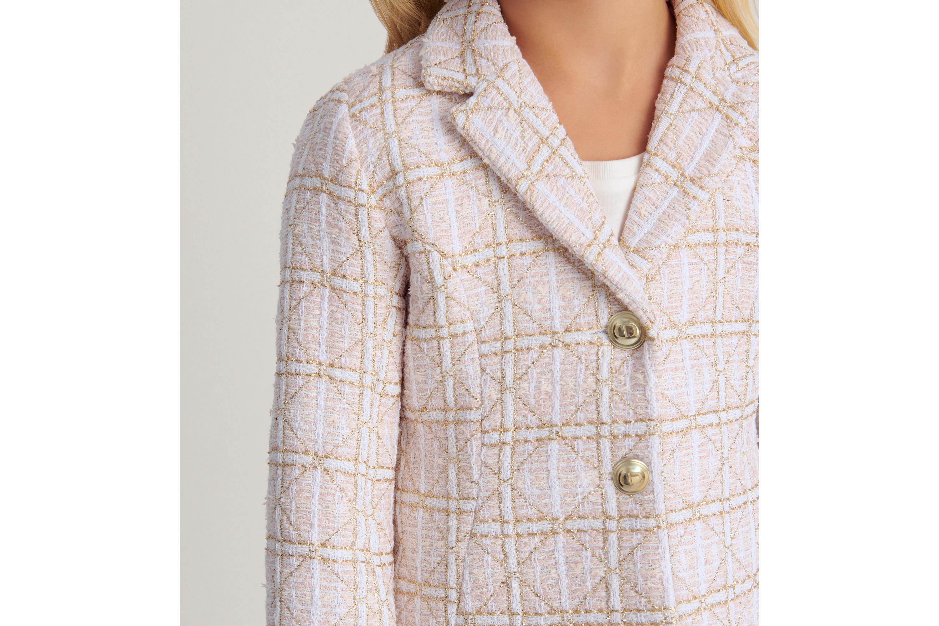 look_image_alt_prefix Bar Jacke für Kinder Tweed in Pastellrosa mit Cannage Jacquardmotiv in Goldfarbe E03
