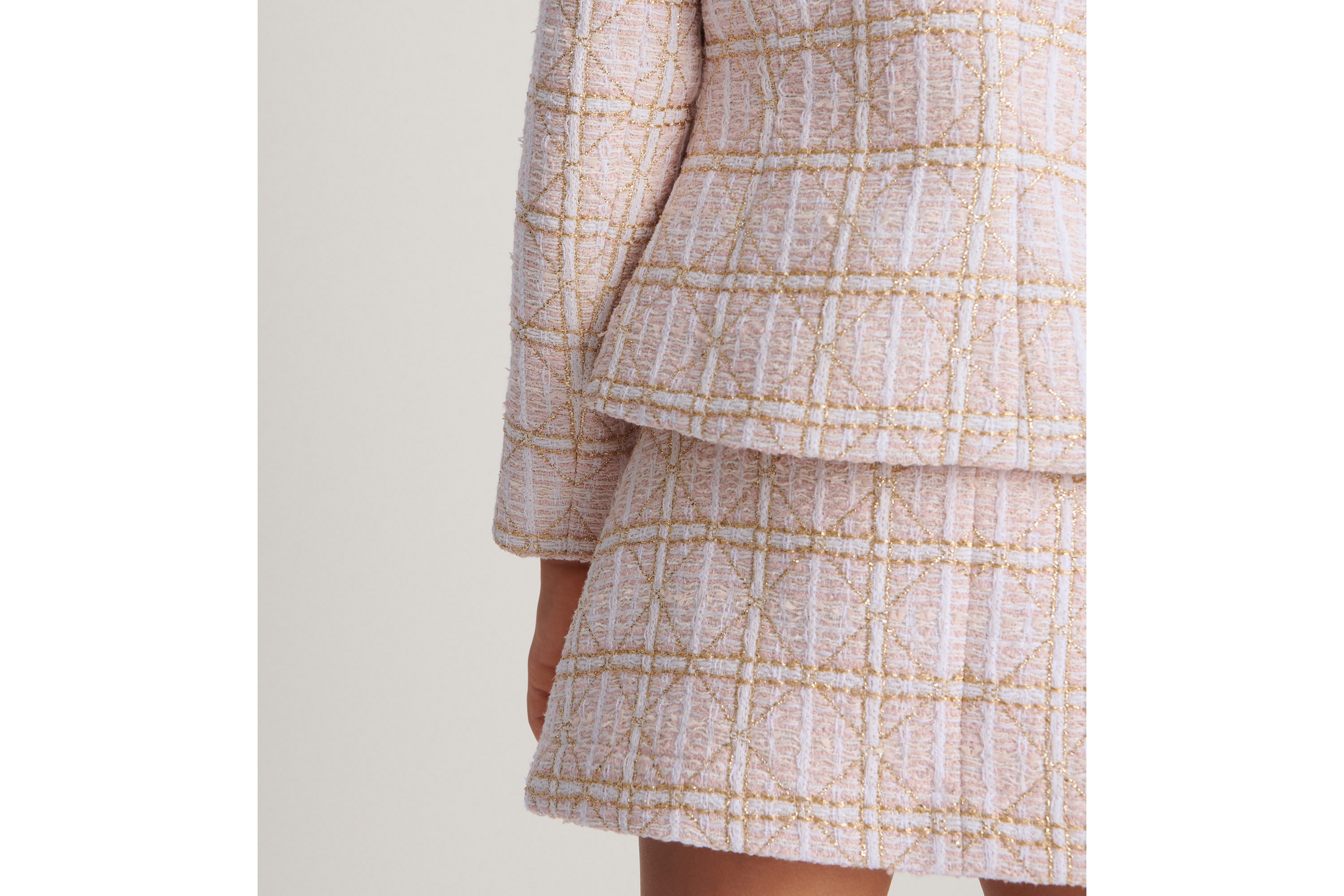 Jupe trapèze enfant Tweed rose pâle jacquard Cannage doré E04