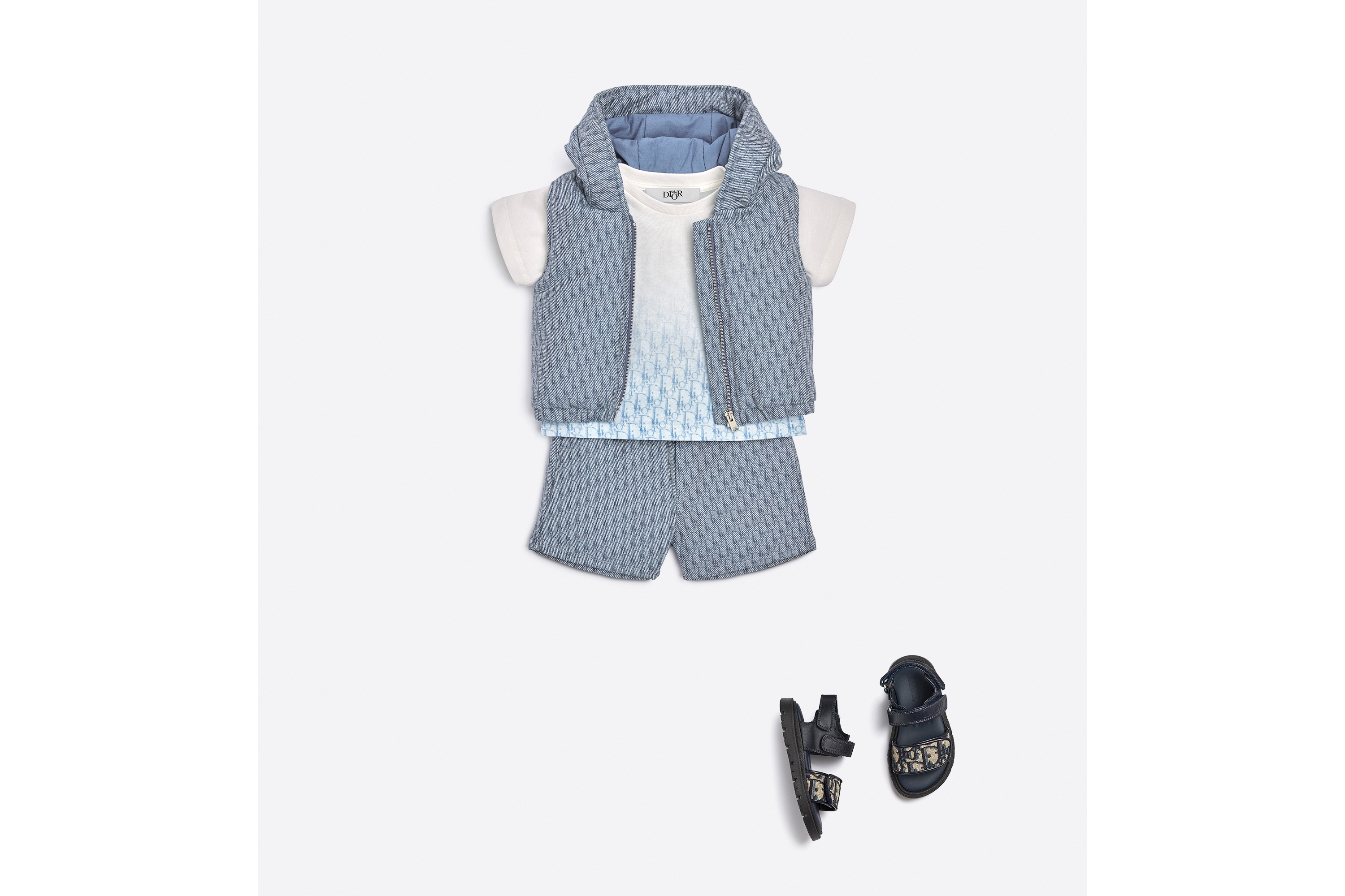 Look Doudoune à capuche sans manches bébé Gabardine de coton déperlante Dior Oblique bleu E08