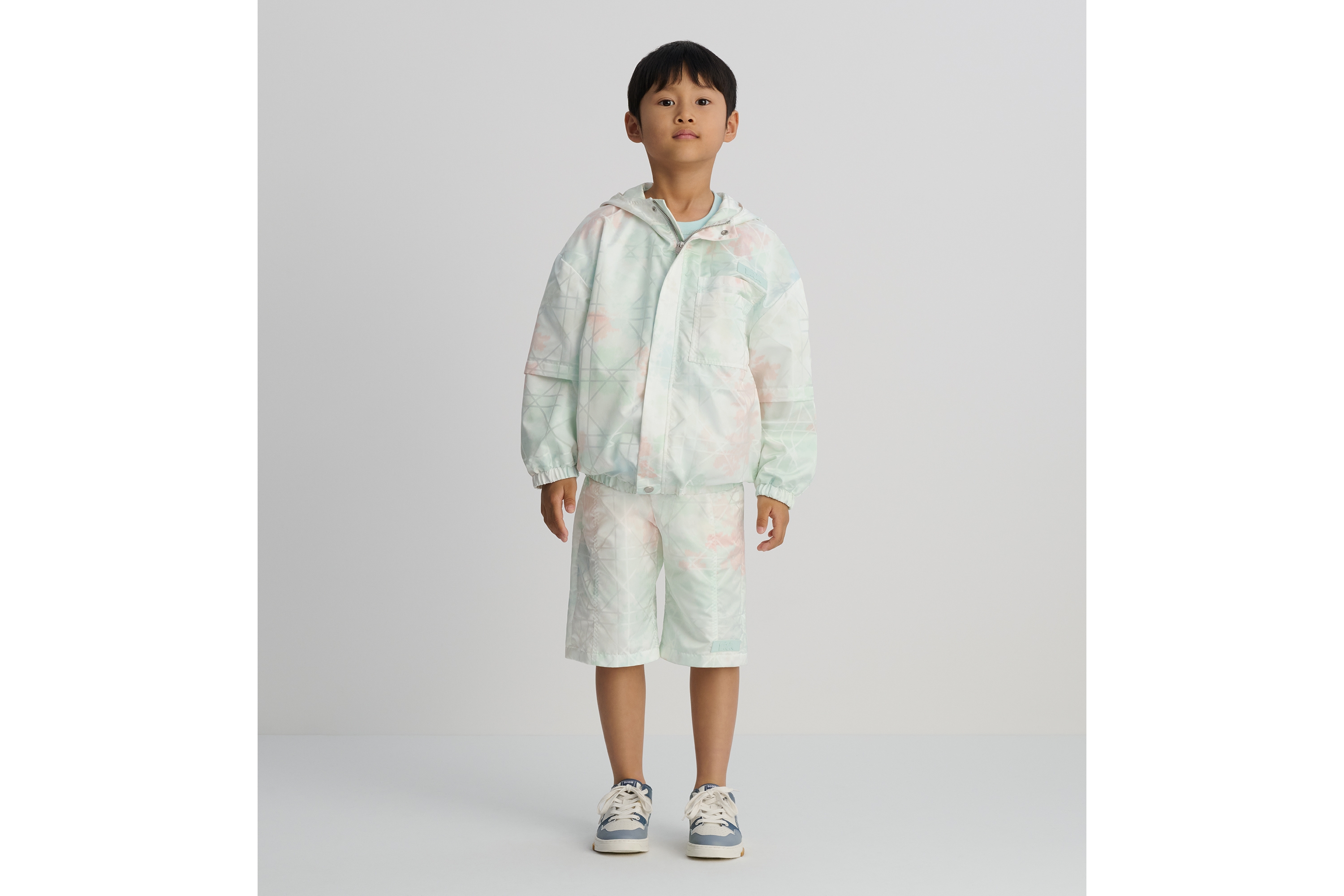 Look Kids' Hooded Windbreaker Ivory Water-Repellent Cannage Technical Fabric with Multicolor Camouflage Effect E06