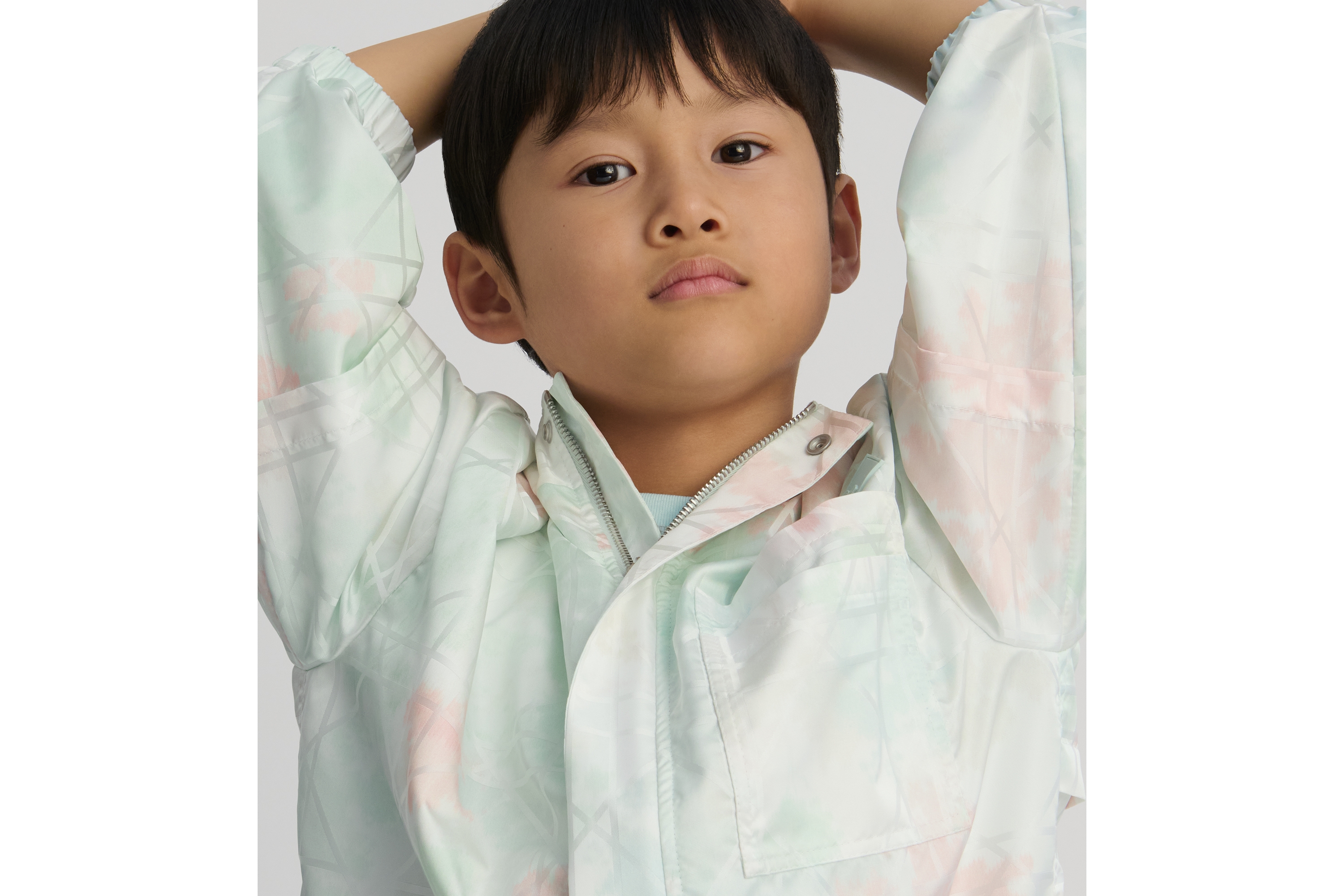 Look Kids' Hooded Windbreaker Ivory Water-Repellent Cannage Technical Fabric with Multicolor Camouflage Effect E07