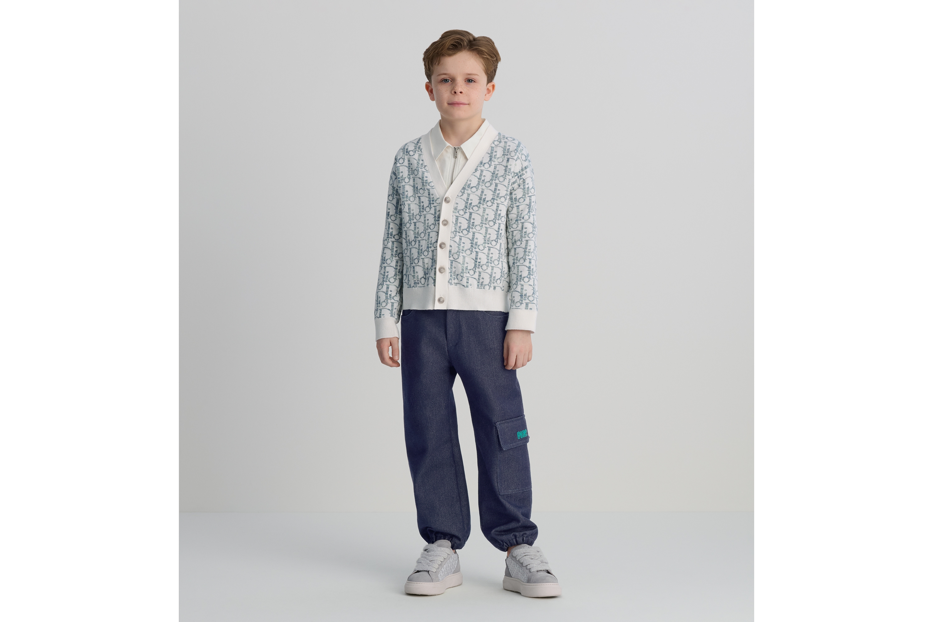 Look Kids' Cardigan Ivory Cotton Knit with Green and Blue Jacquard Dior Oblique Motif E05