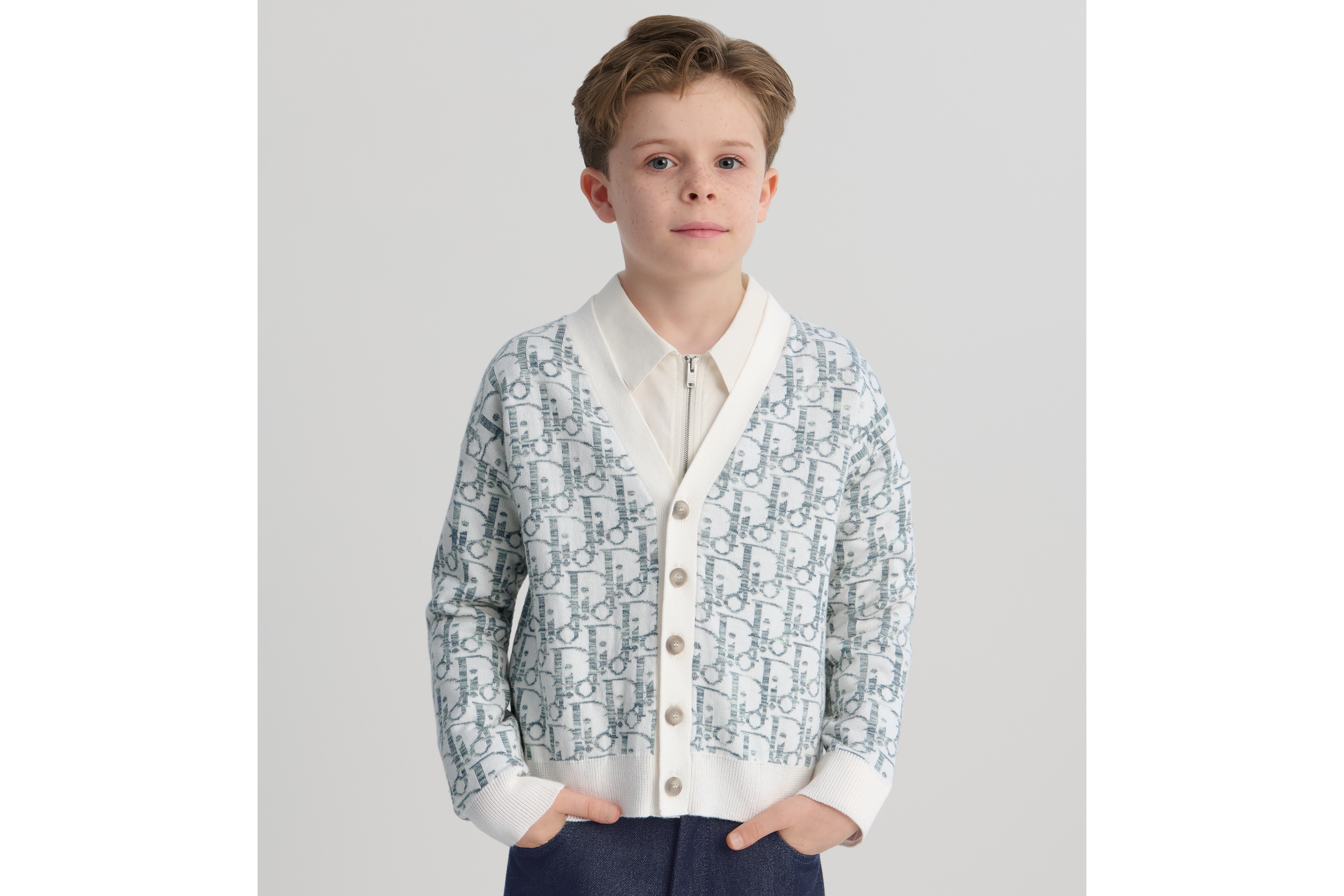 Look Kids' Cardigan Ivory Cotton Knit with Green and Blue Jacquard Dior Oblique Motif E06