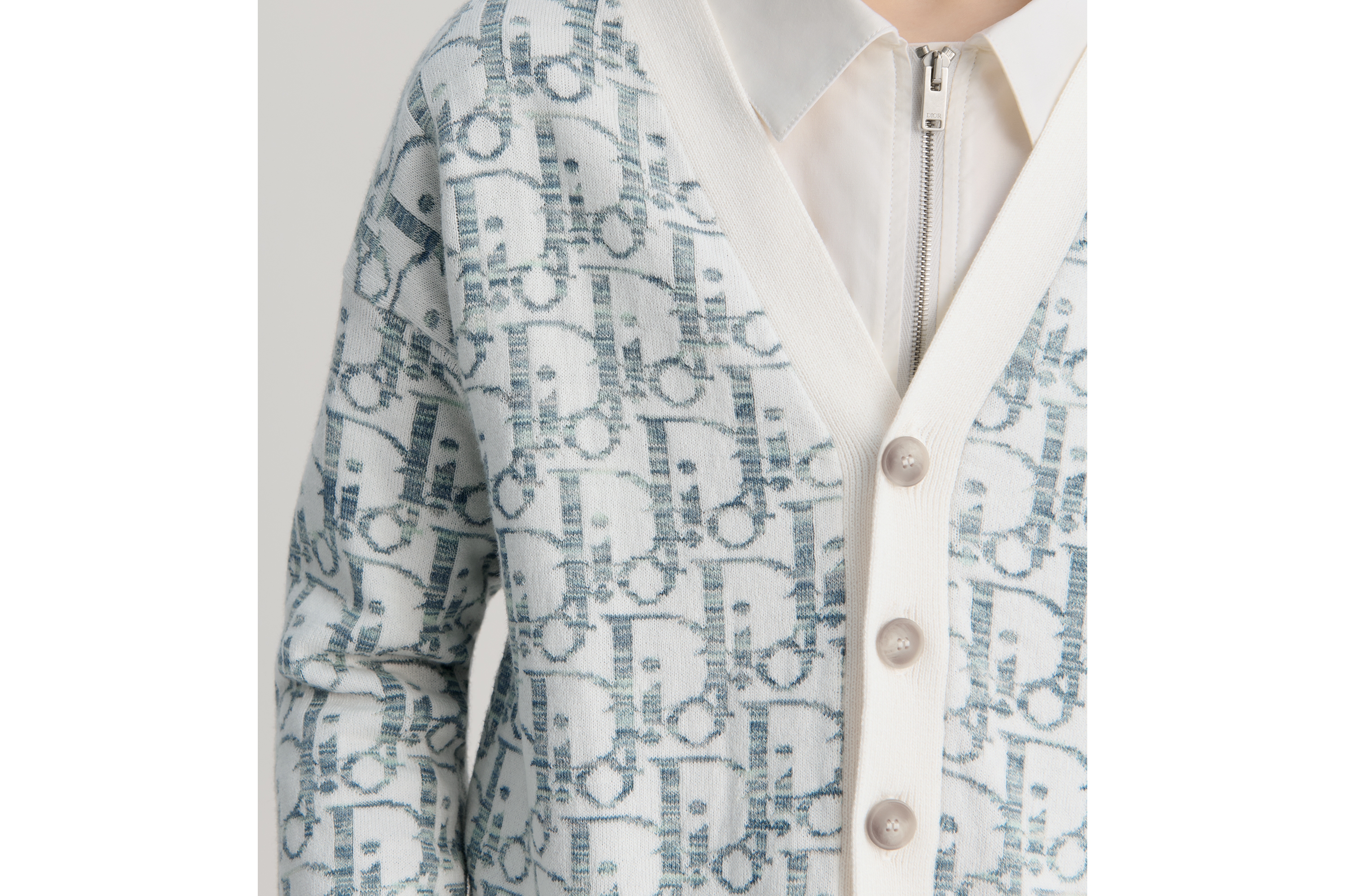Look Kids' Cardigan Ivory Cotton Knit with Green and Blue Jacquard Dior Oblique Motif E07