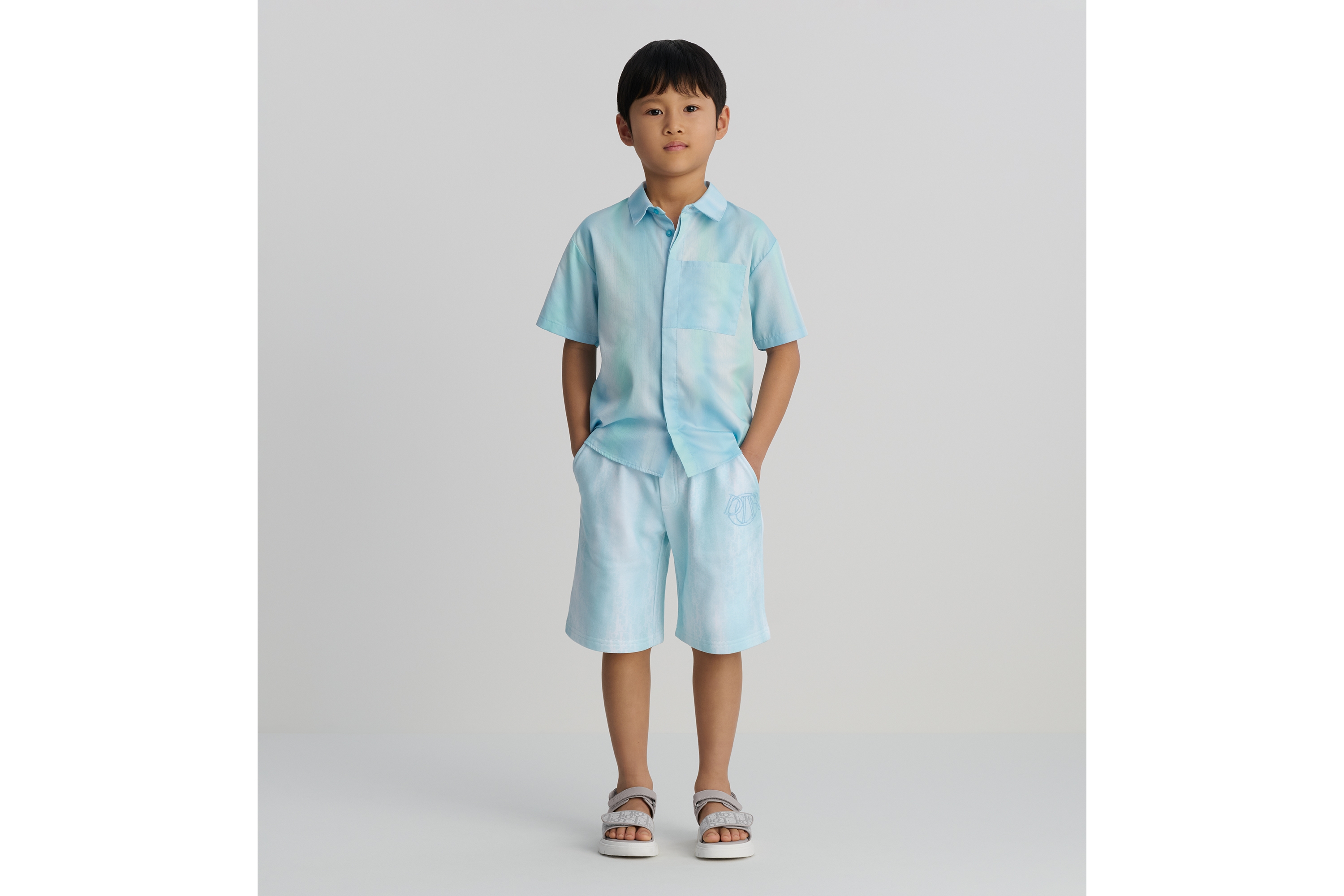 Look Kids' Short-Sleeved Shirt Green and Blue Dior Oblique Cotton-Blend Jacquard E01