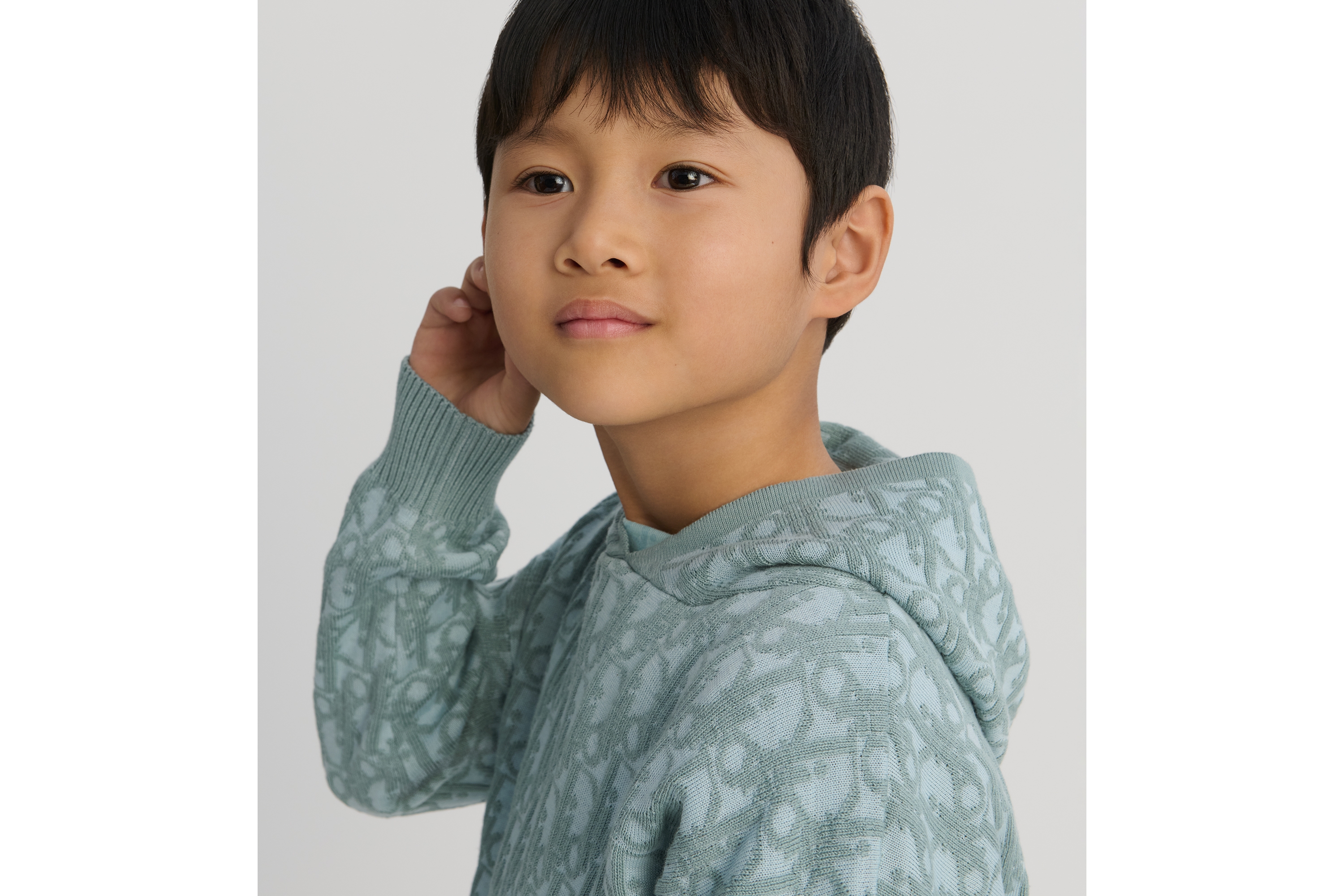 Look Kids' Hooded Sweater Aqua Blue Cotton, Wool and Cashmere Knit with Blue Dior Oblique Jacquard E06