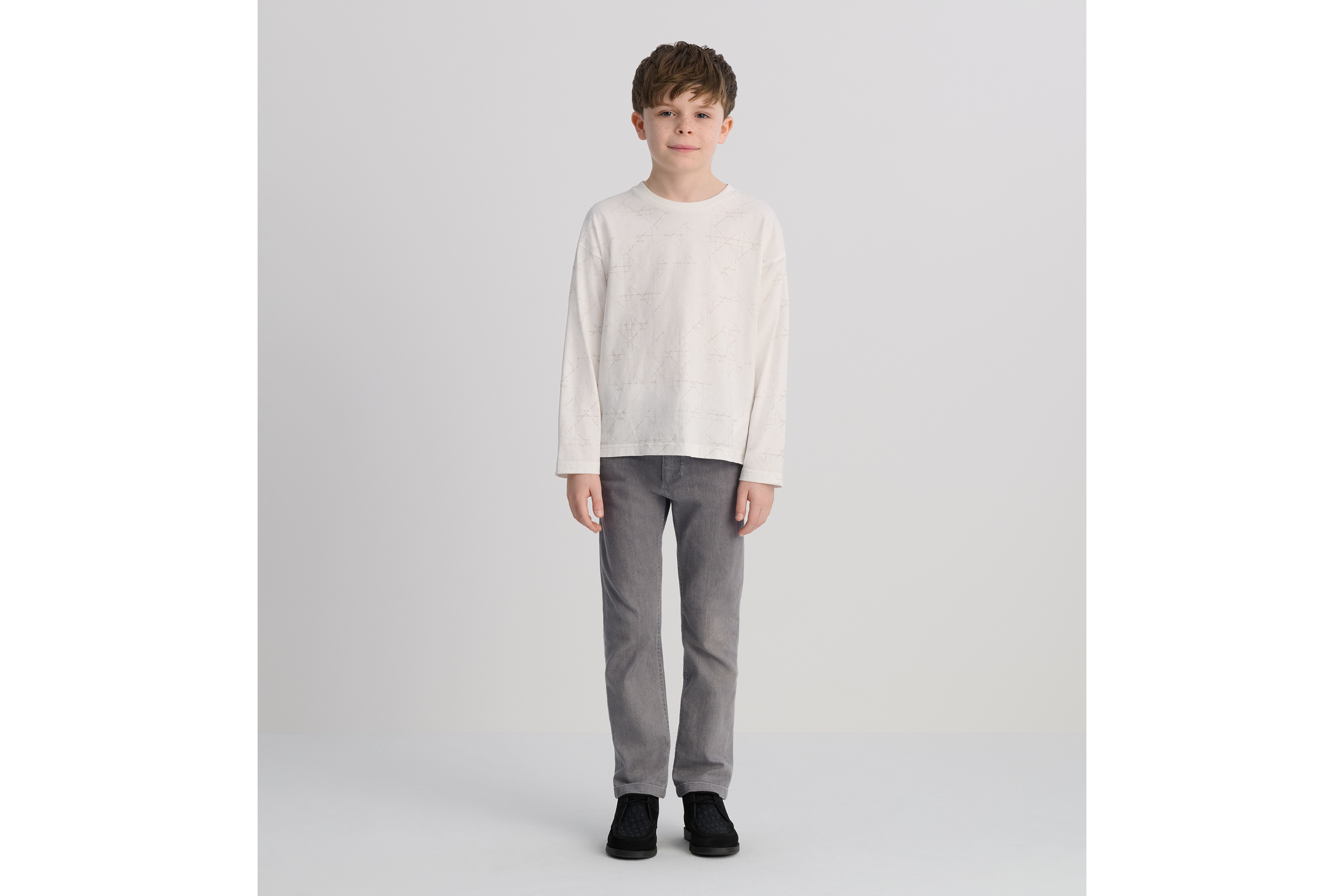 Look Kids' Long-Sleeved T-Shirt Ivory Cotton Jersey with Faded Light Gray Cannage Motif E01