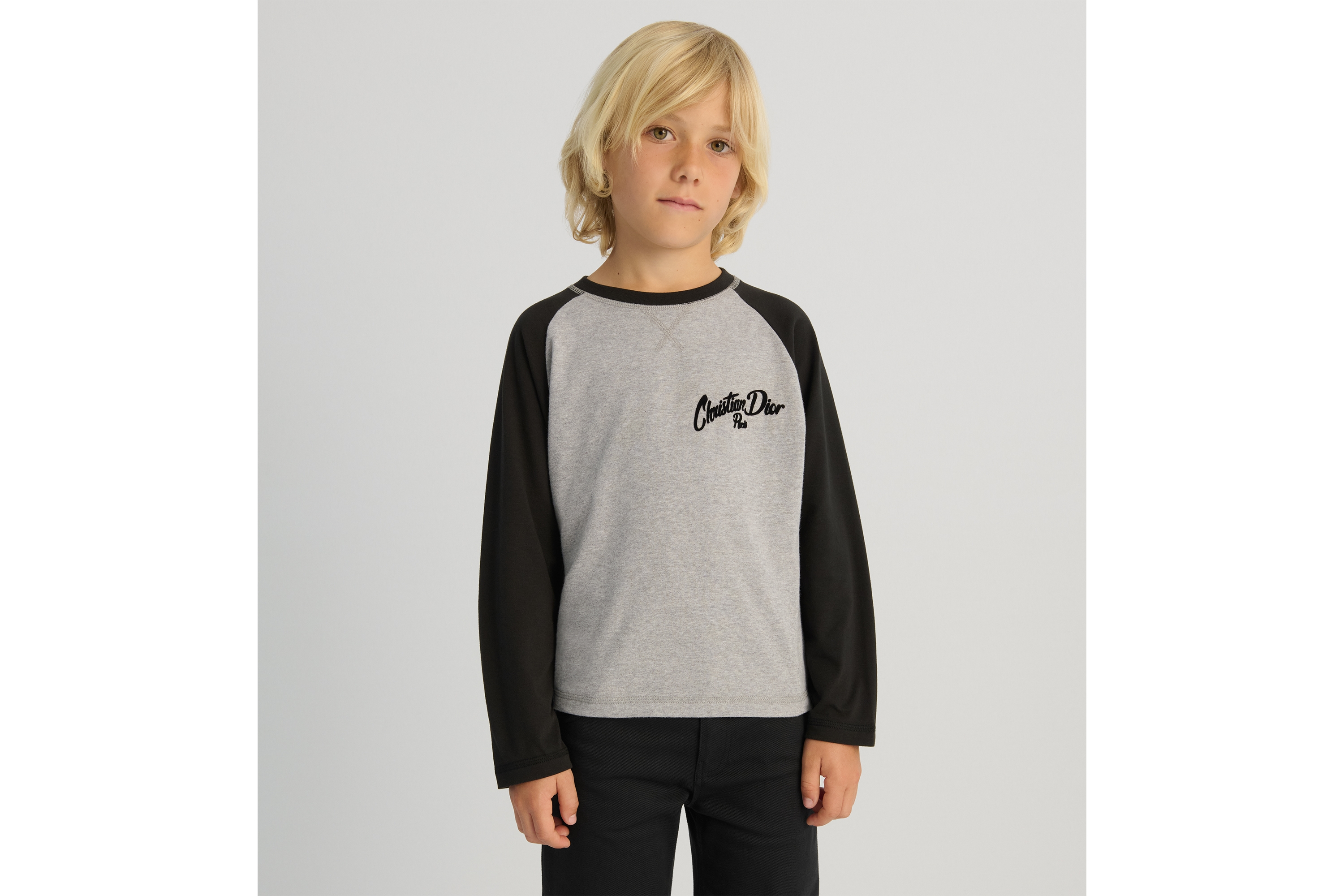 look_image_alt_prefix Langärmliges T-Shirt für Kinder Baumwolljersey in meliertem Grau und Schwarz E07
