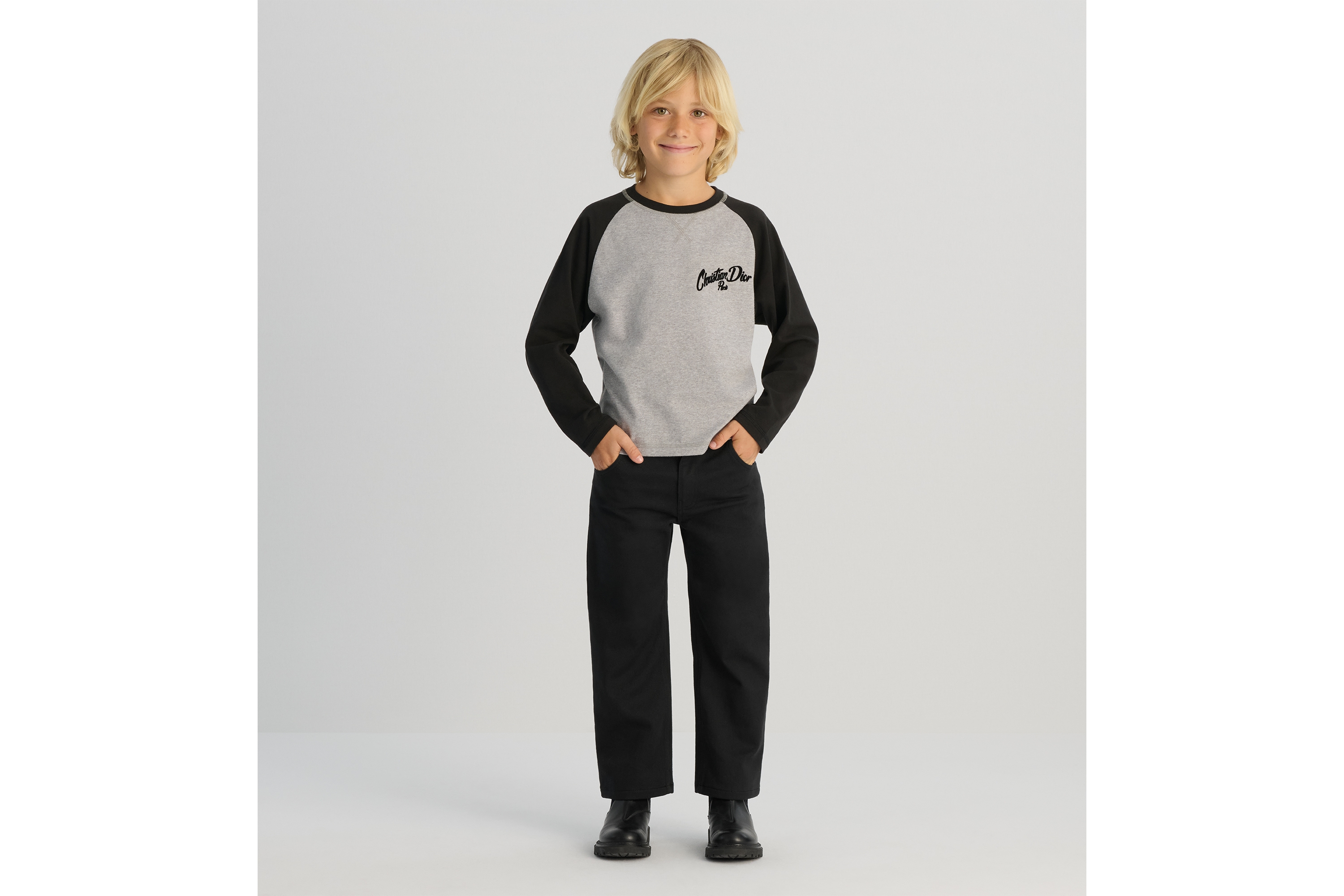 look_image_alt_prefix Langärmliges T-Shirt für Kinder Baumwolljersey in meliertem Grau und Schwarz E08