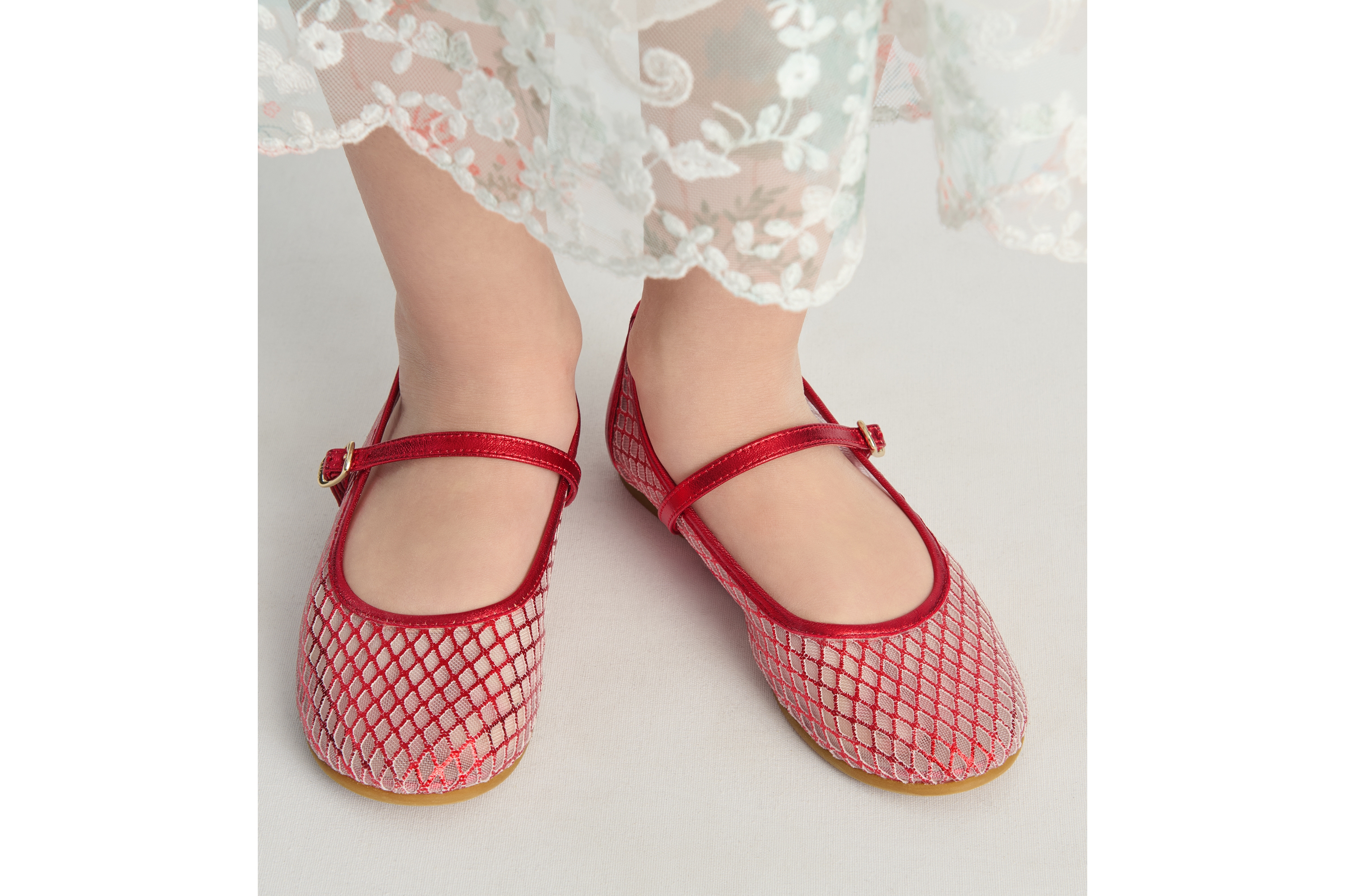 Kids' Ballet Flat Red Laminated Lambskin and Ivory Tulle E04