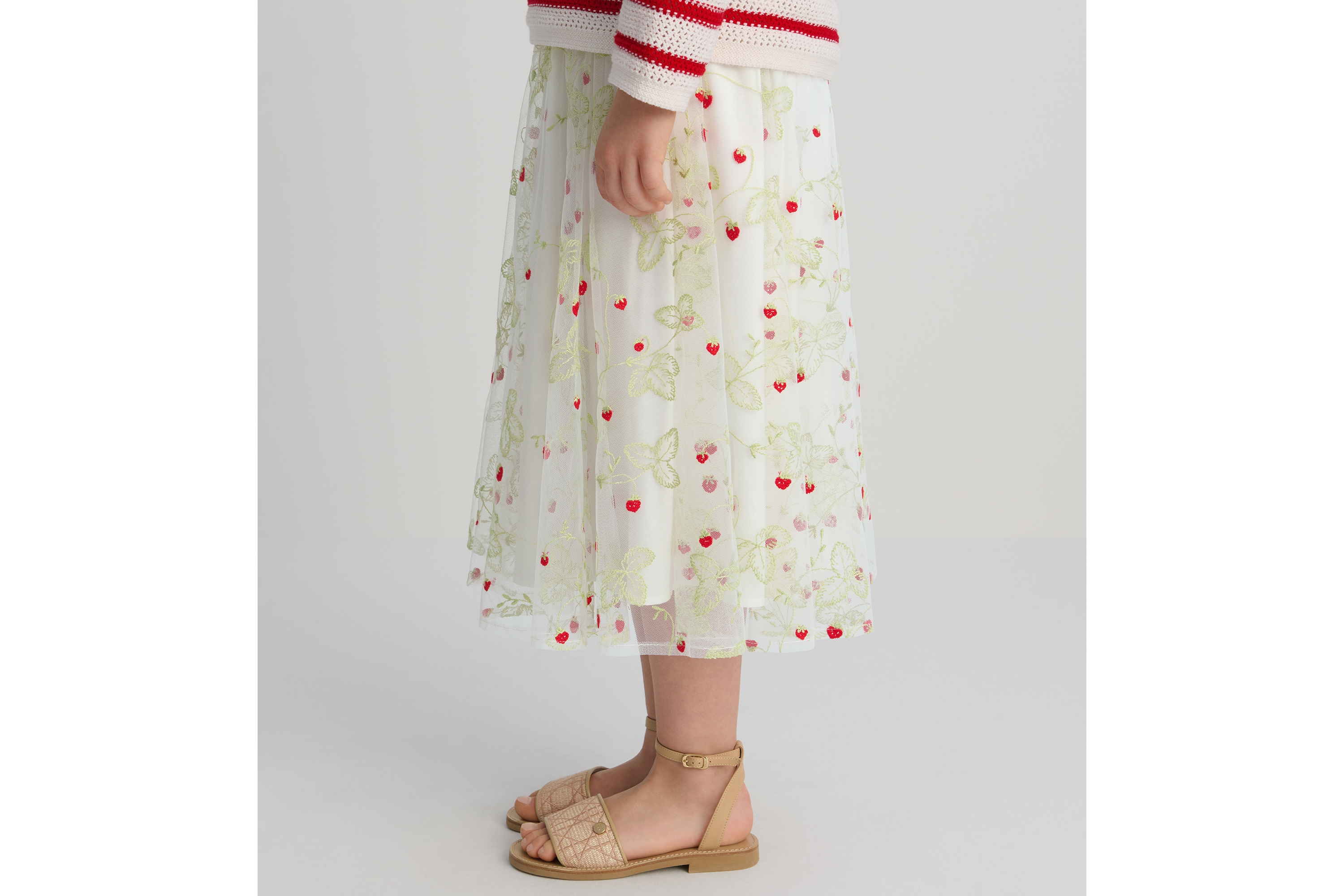 Look Kids' Long Skirt Ivory Tulle Embroidered with Multicolor Jardin de Fraises Motif E05