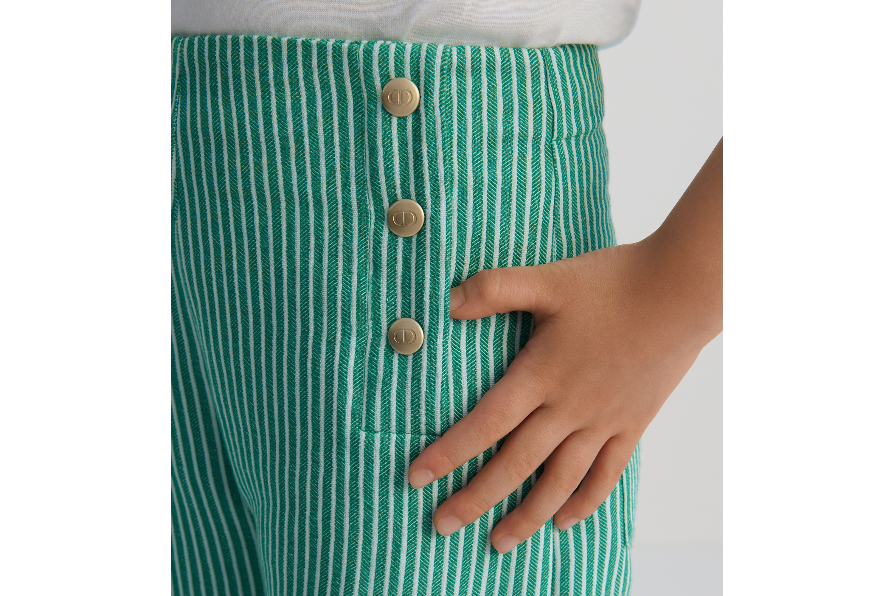 Kids' Wide-Leg Pants Cotton and Linen with Ivory and Green Stripes E03