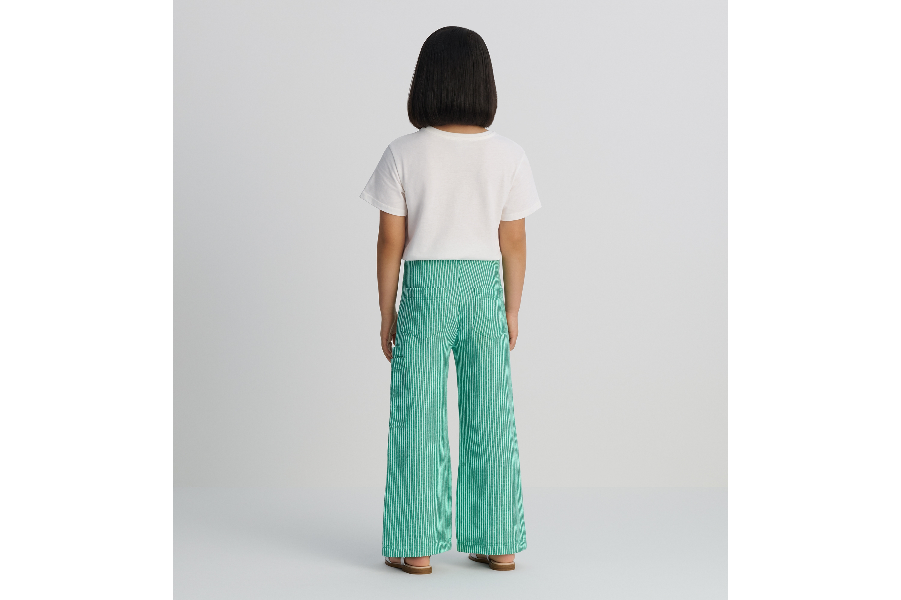 Kids' Wide-Leg Pants Cotton and Linen with Ivory and Green Stripes E04