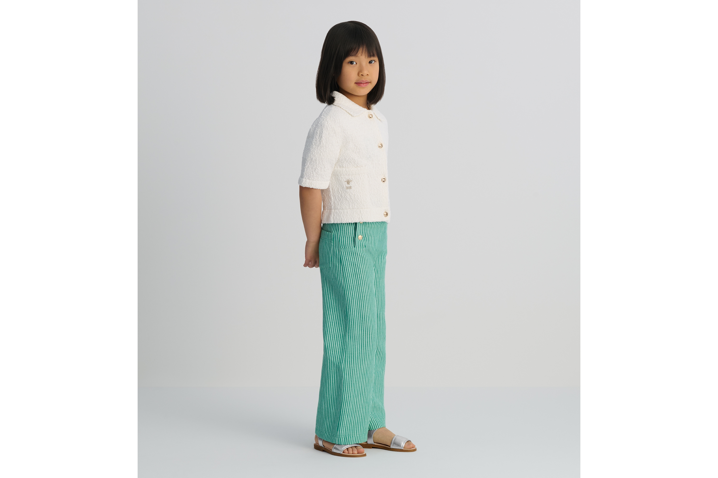 Look Kids' Wide-Leg Pants Cotton and Linen with Ivory and Green Stripes E05
