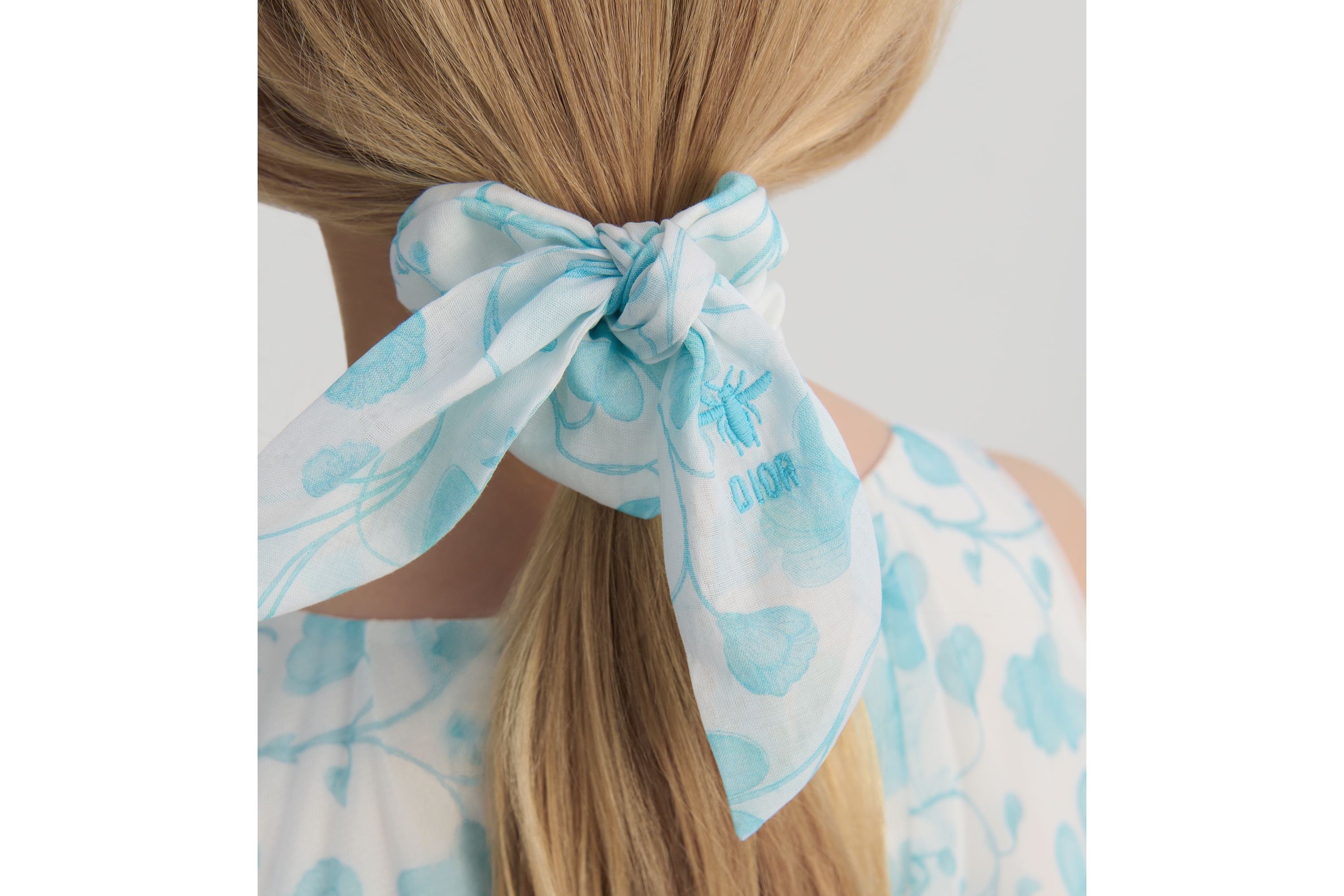 Look Kids' Scrunchies Ivory Cotton Voile with Macro Dior Oblique Jacquard, Turquoise Seasonal Floral Motif and Multicolor Madras-Style Motif E05