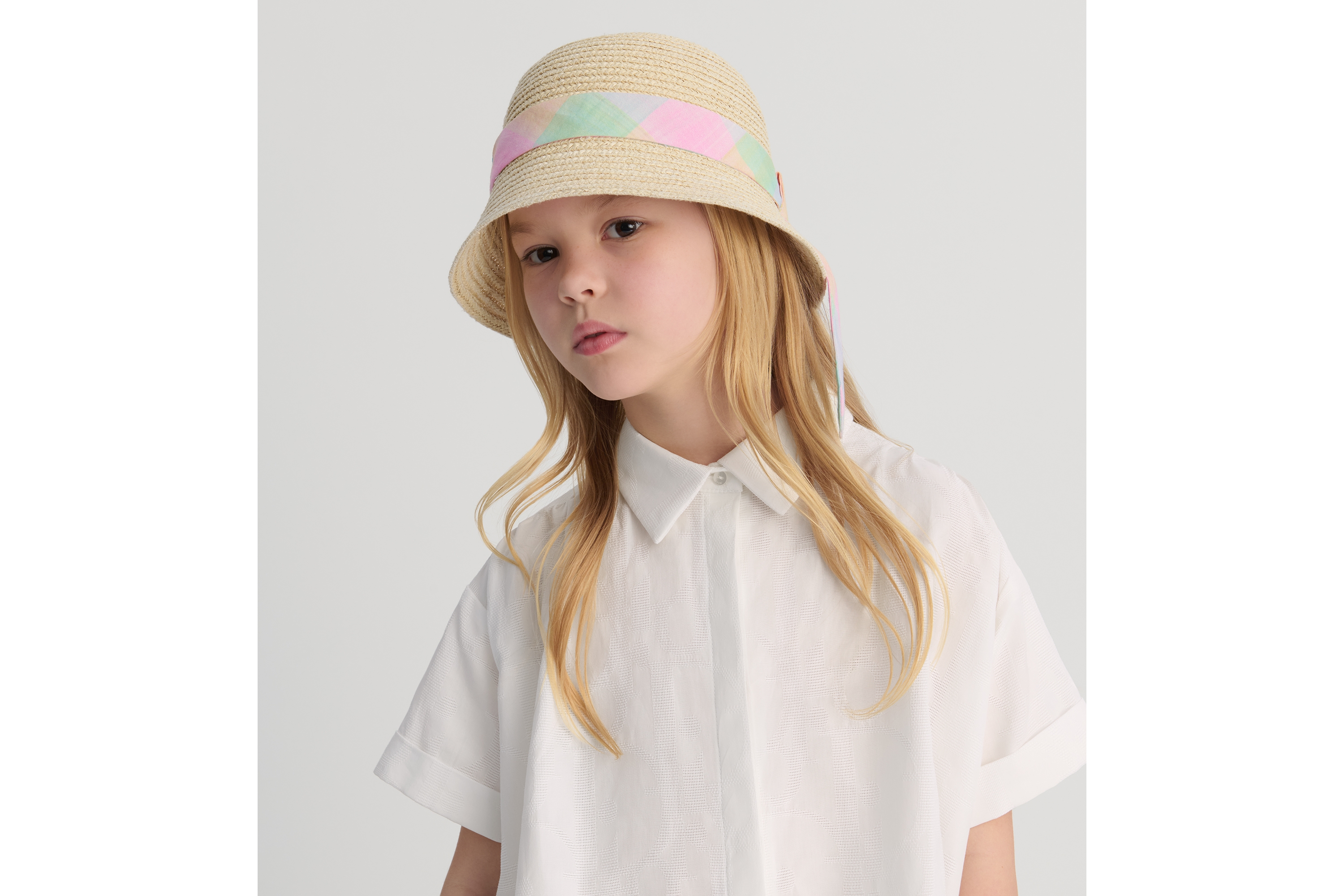 Look Kids' Hat Natural Straw and Multicolor Madras-Style Cotton Voile E06