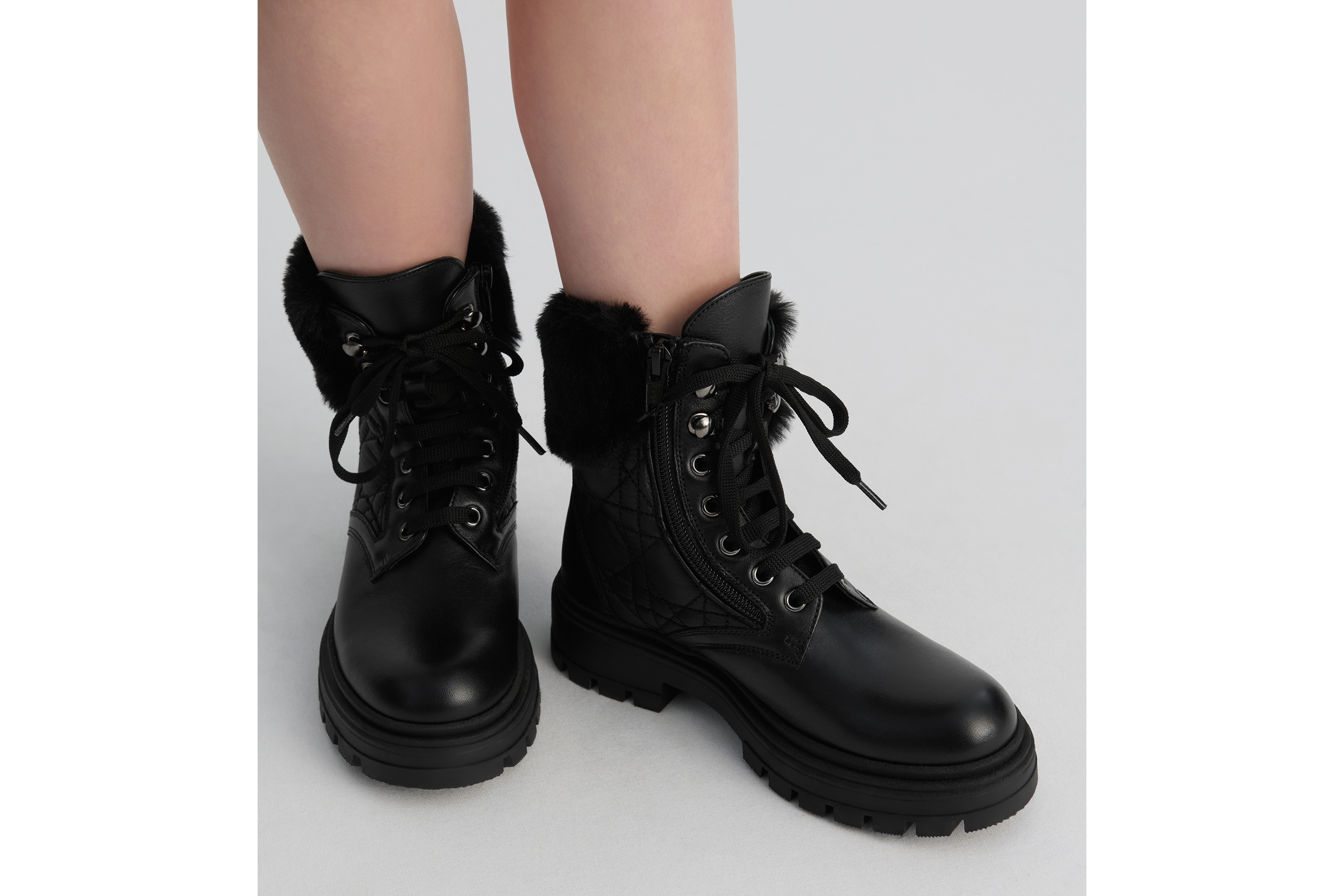 Look Kids' Ankle Boot Black Calfskin, Cannage Technical Fabric and Faux Fur E05