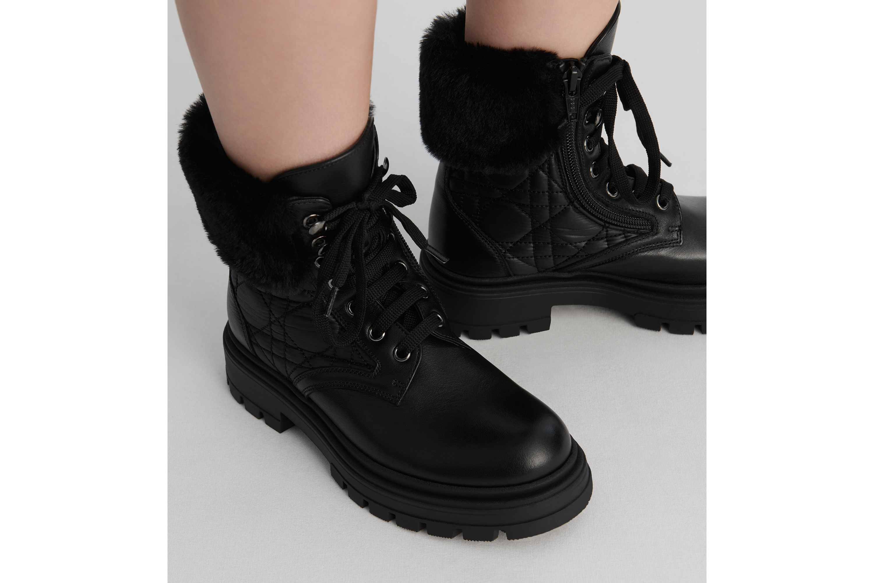 Look Kids' Ankle Boot Black Calfskin, Cannage Technical Fabric and Faux Fur E06