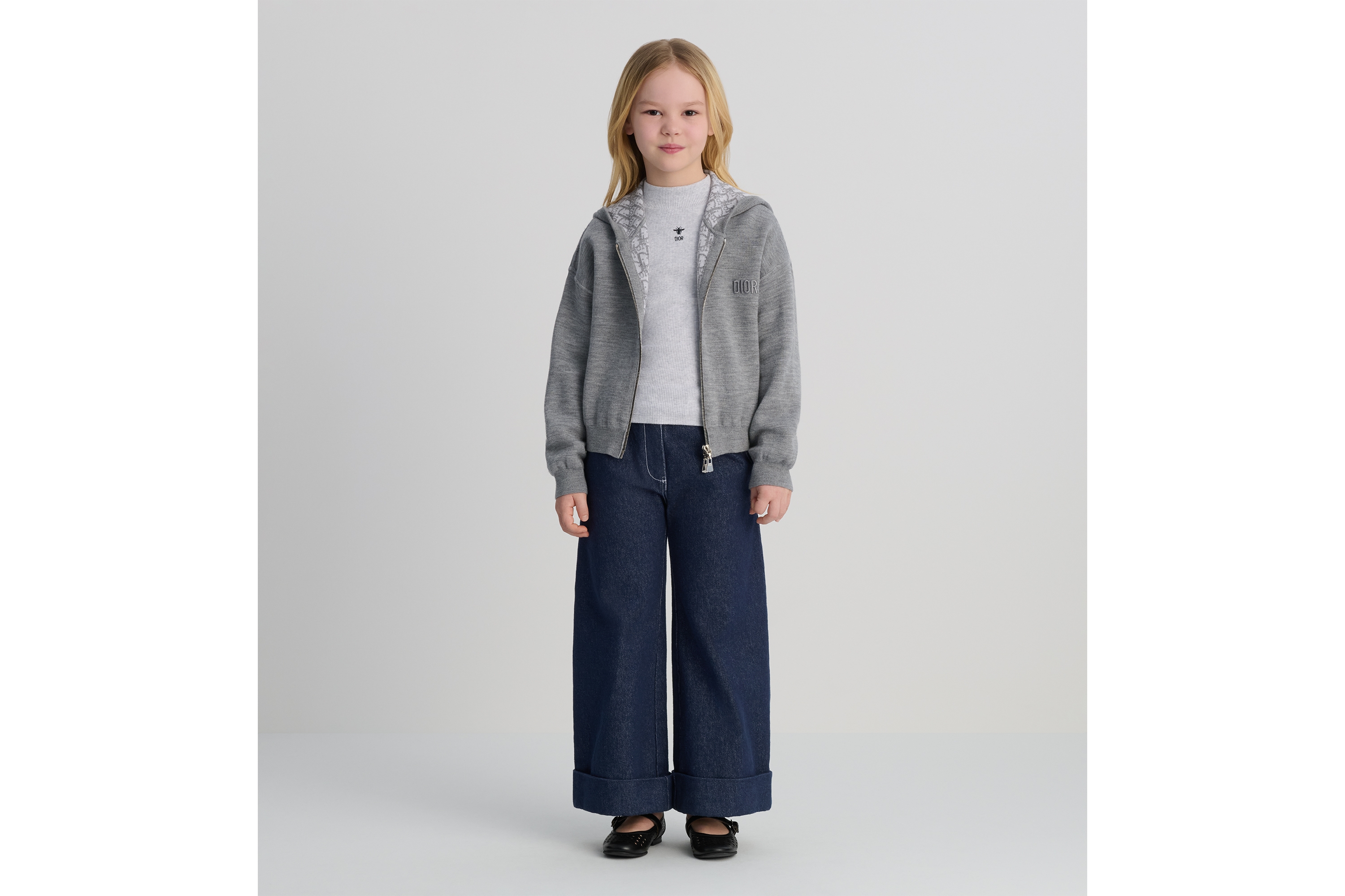 Look Kids' Reversible Zipped Cardigan with Hood Gray Wool Knit and Dior Oblique Jacquard E07