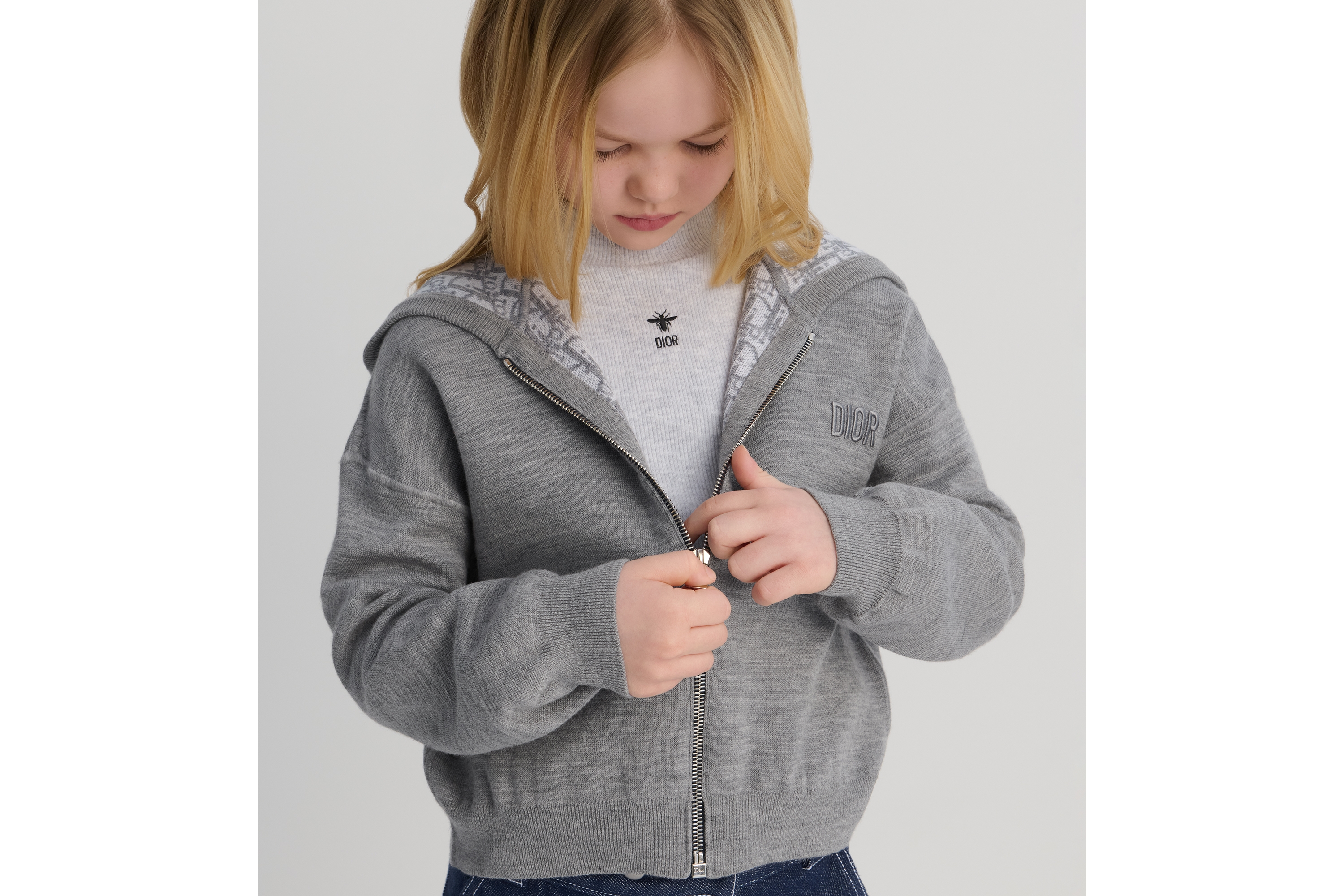 Look Kids' Reversible Zipped Cardigan with Hood Gray Wool Knit and Dior Oblique Jacquard E08